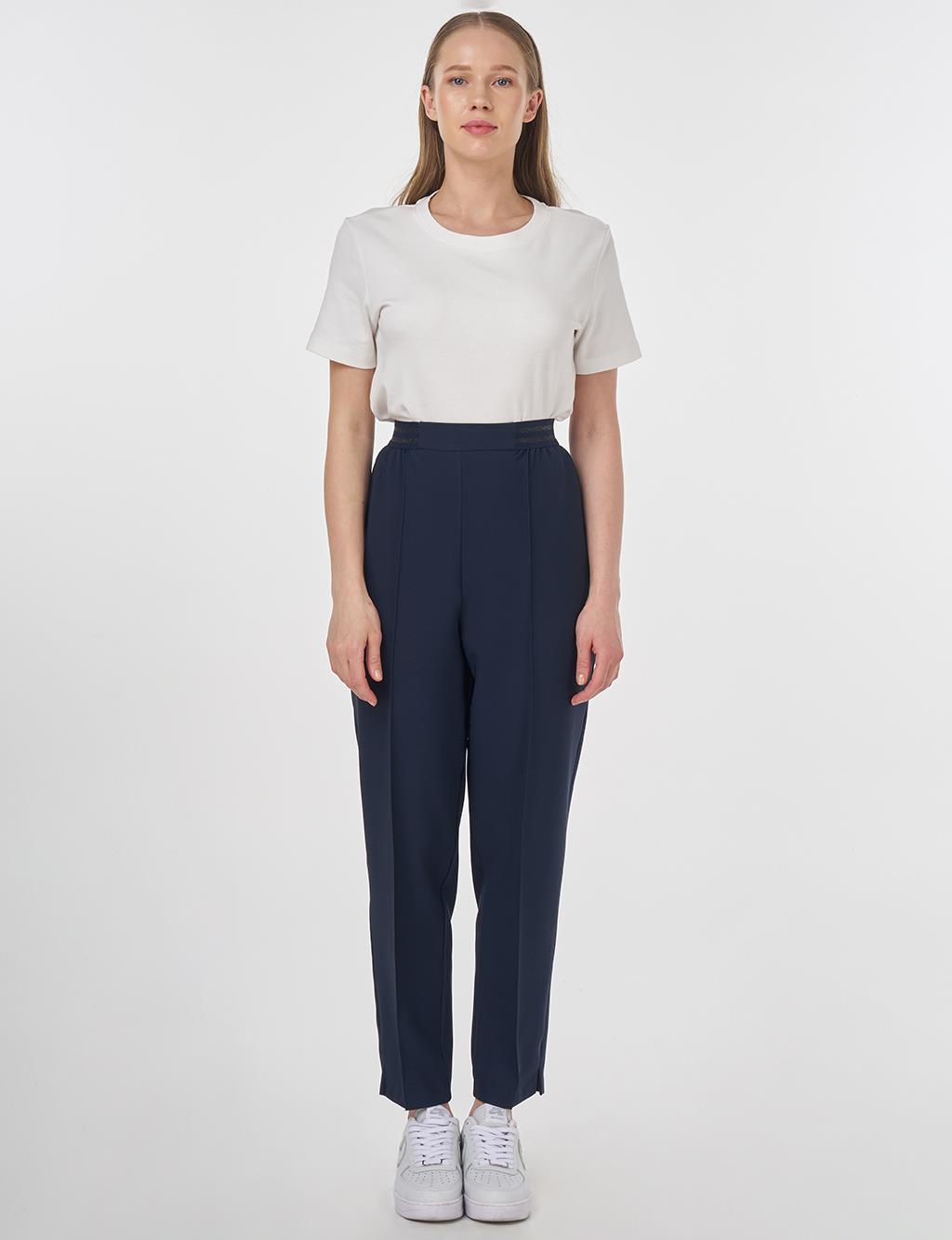High-Waist Pants with Topstitched Seams – Dark Navy 