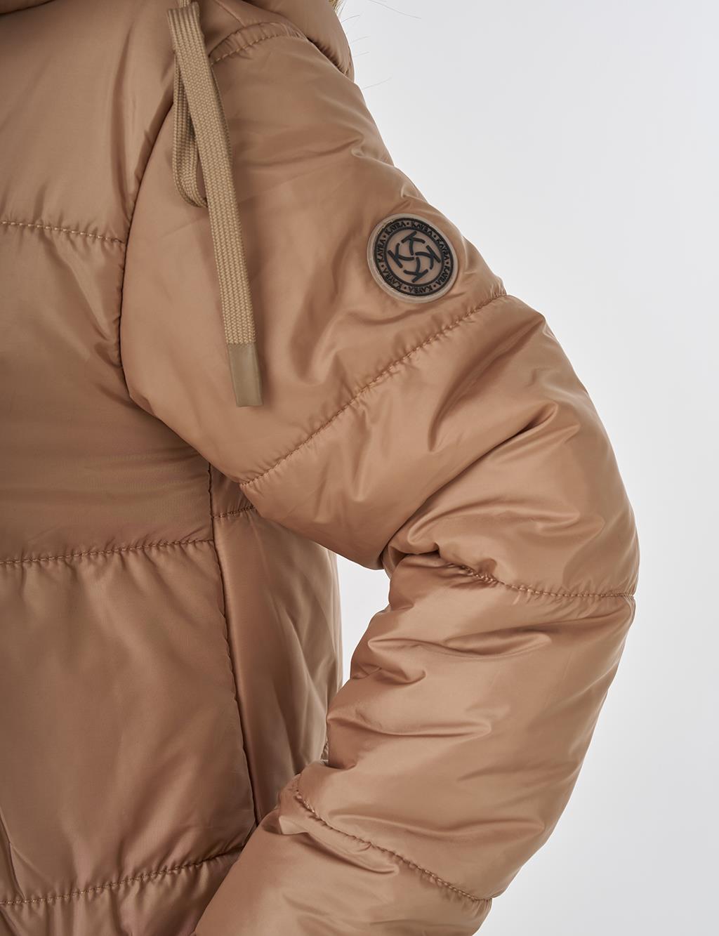 Quilted Anorak Coat with Faux Fur Detail Beige
