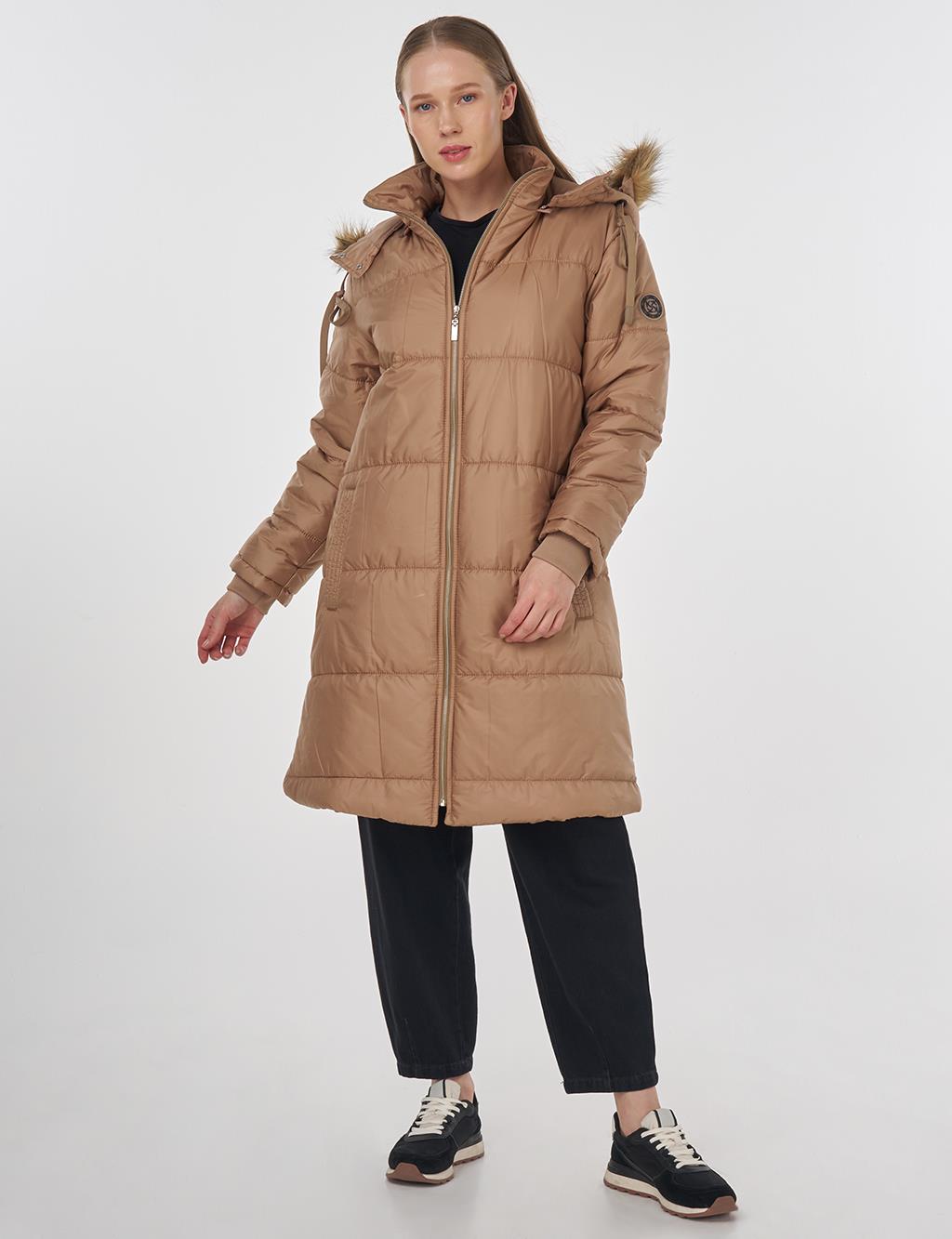 Quilted Anorak Coat with Faux Fur Detail Beige