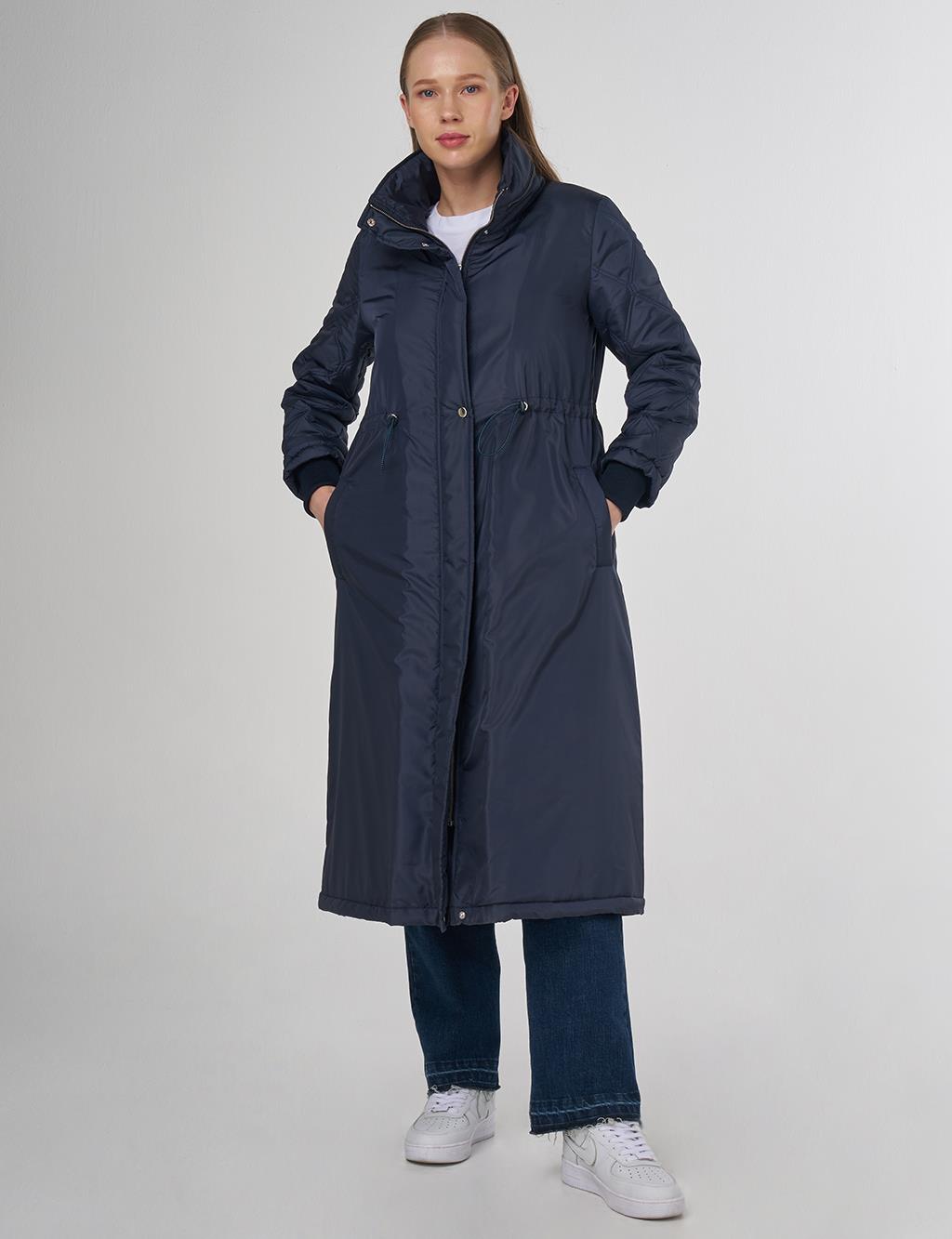 Belted Quilted Mix Anorak Coat Dark Navy Blue