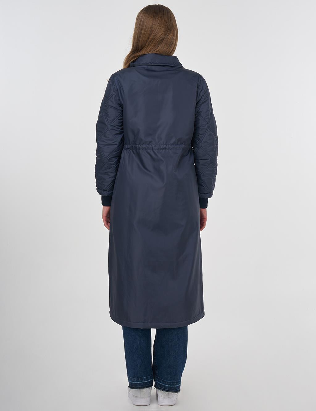 Belted Quilted Mix Anorak Coat Dark Navy Blue