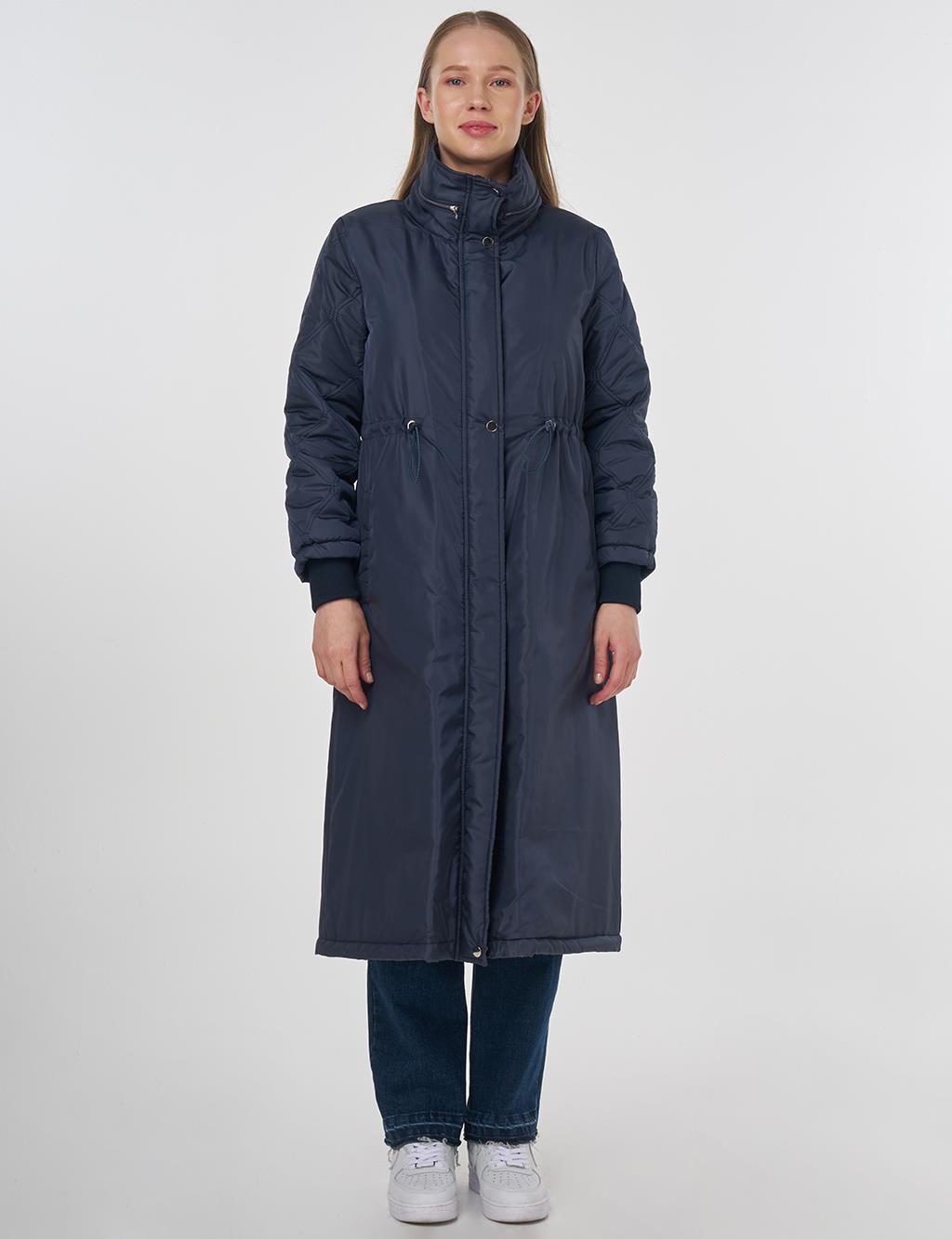 Belted Quilted Mix Anorak Coat Dark Navy Blue