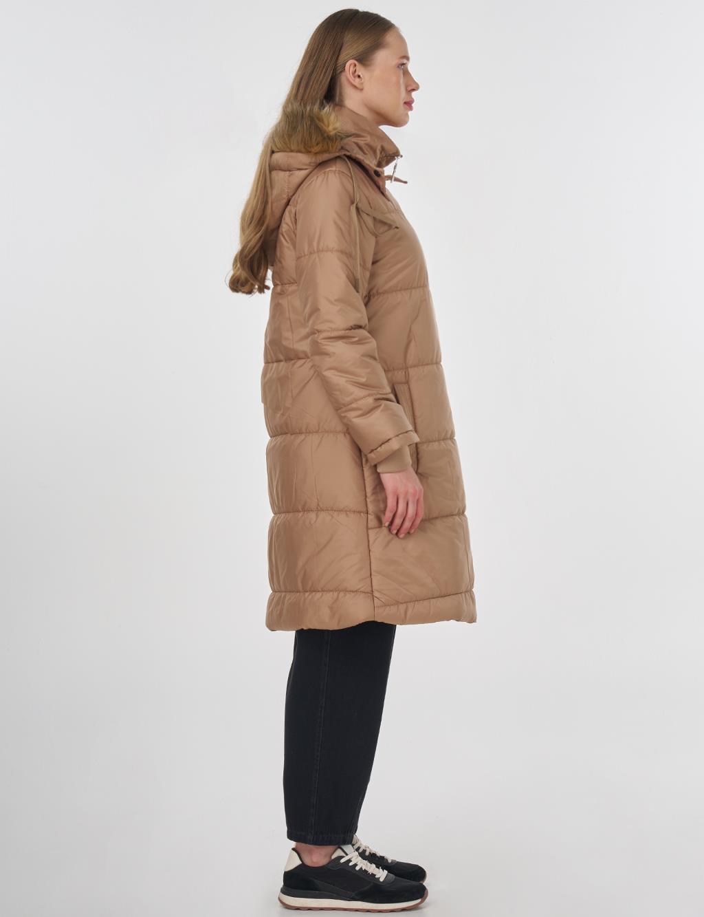 Quilted Anorak Coat with Faux Fur Detail Beige