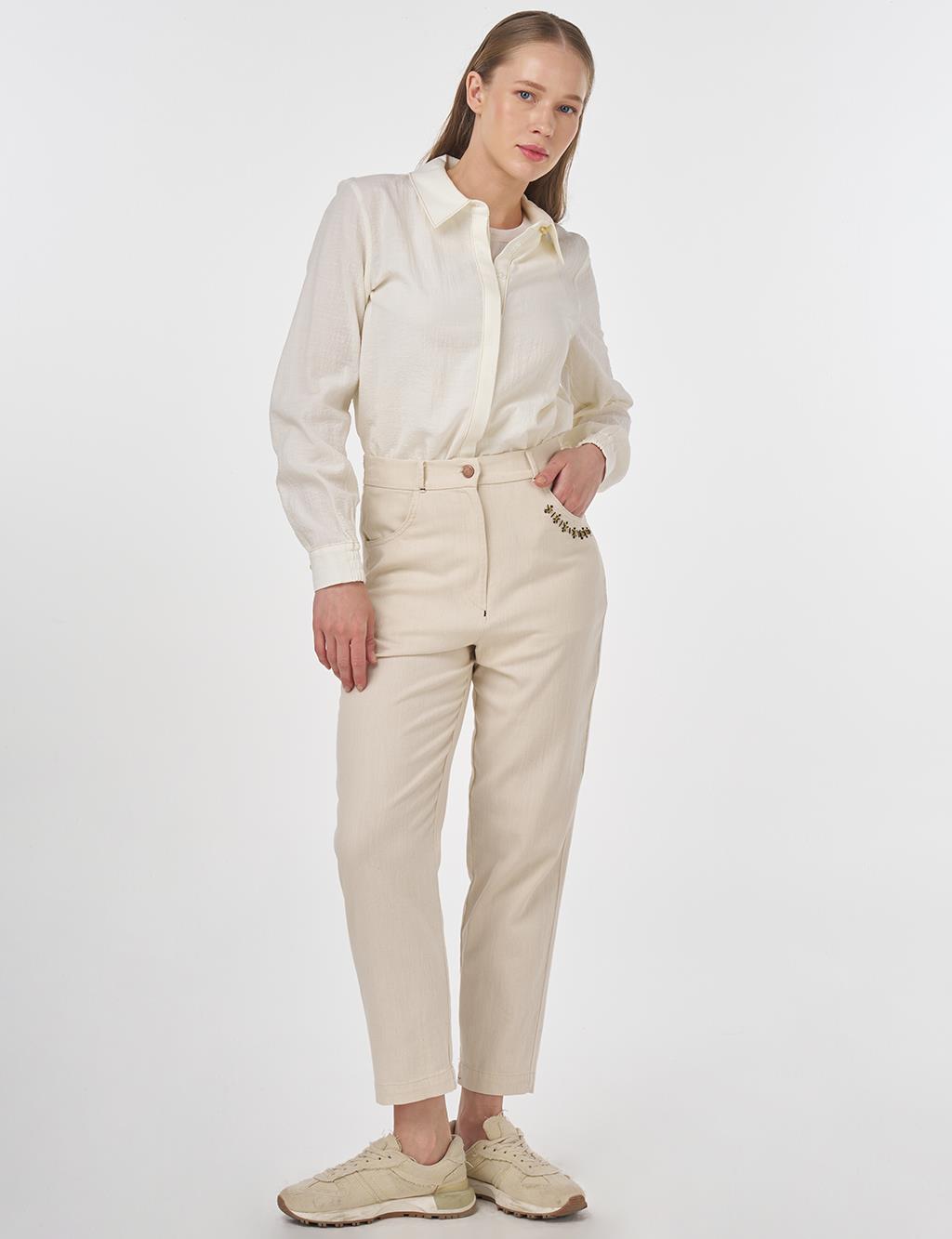 Topstitched Denim Pants Cream 
