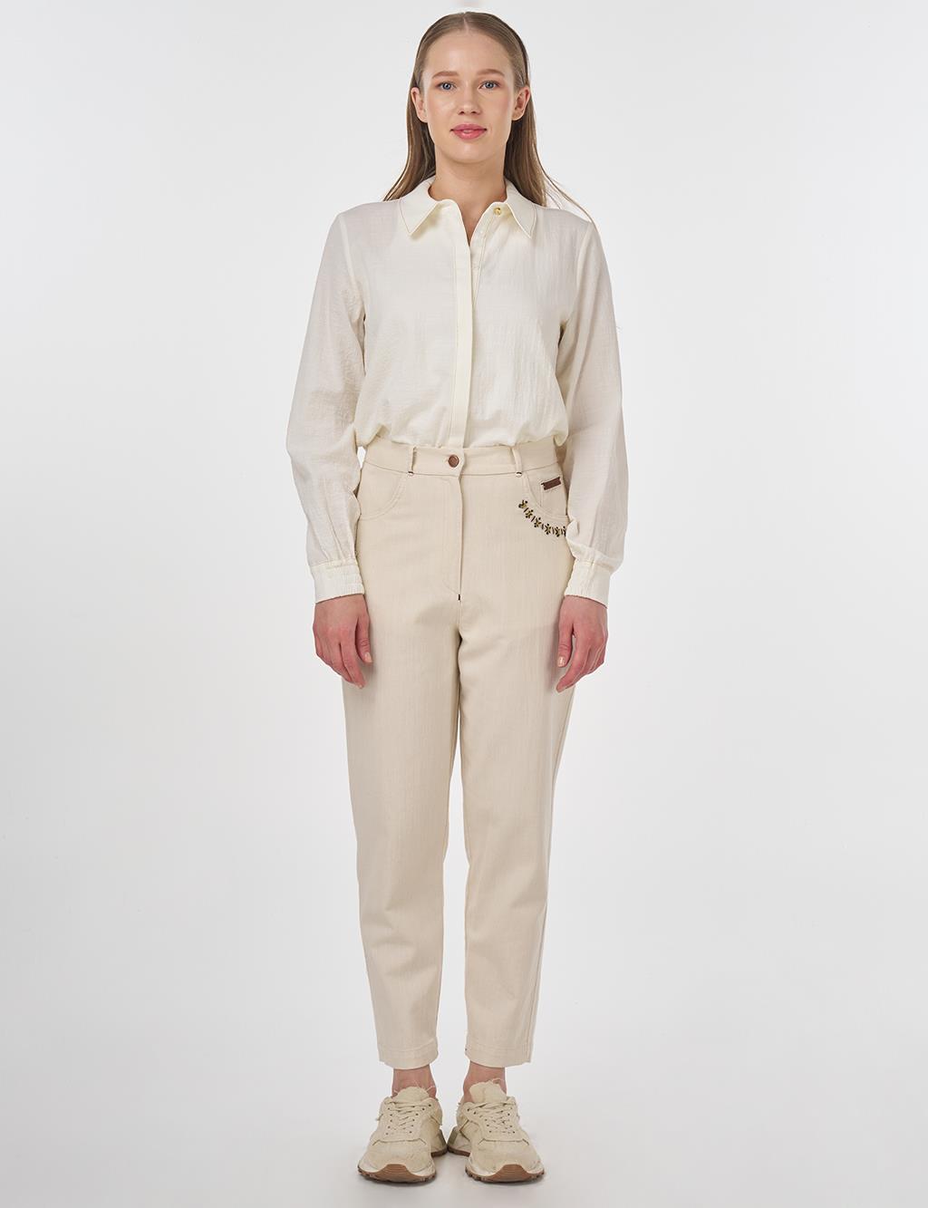Topstitched Denim Pants Cream 