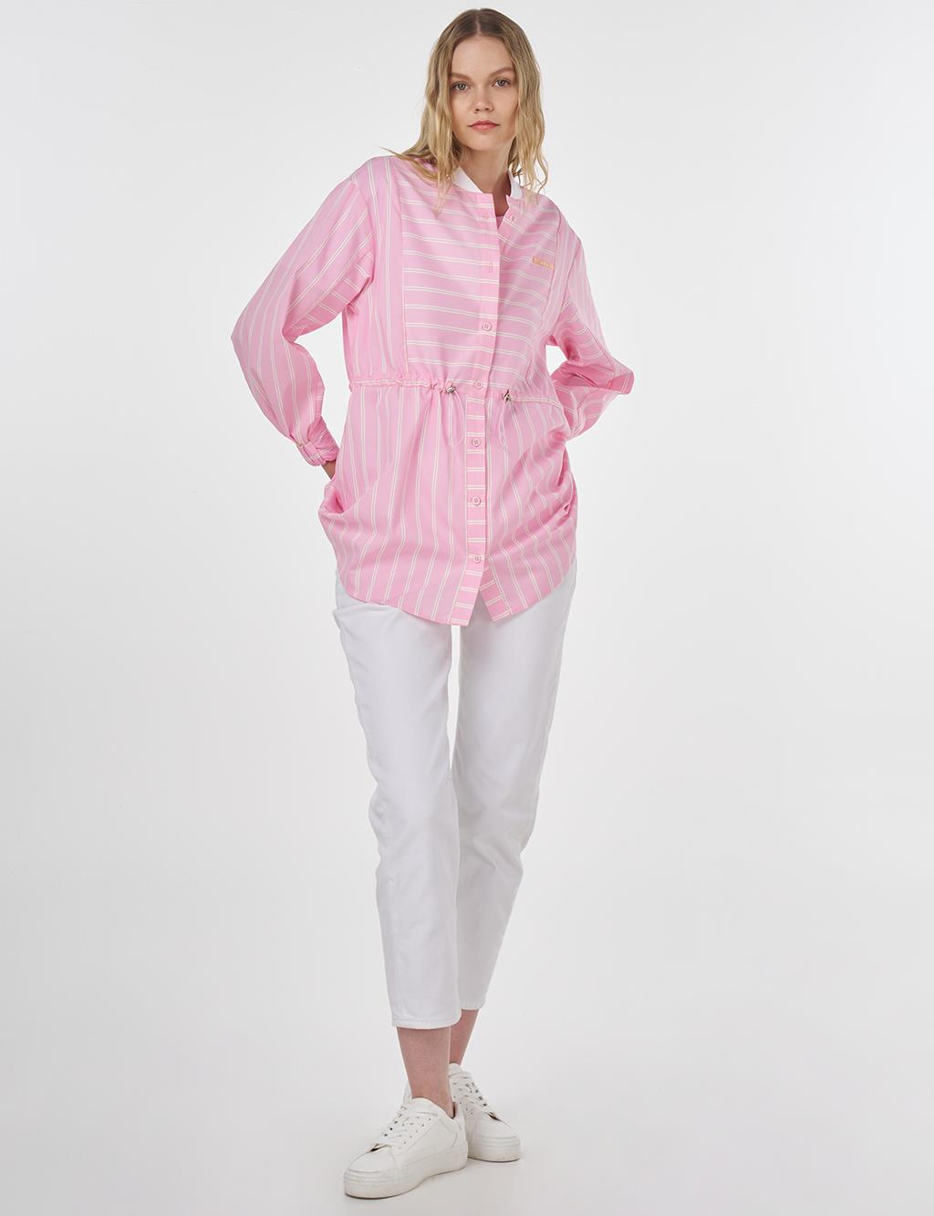 College Collar Striped Cotton Tunic Candy Pink 
