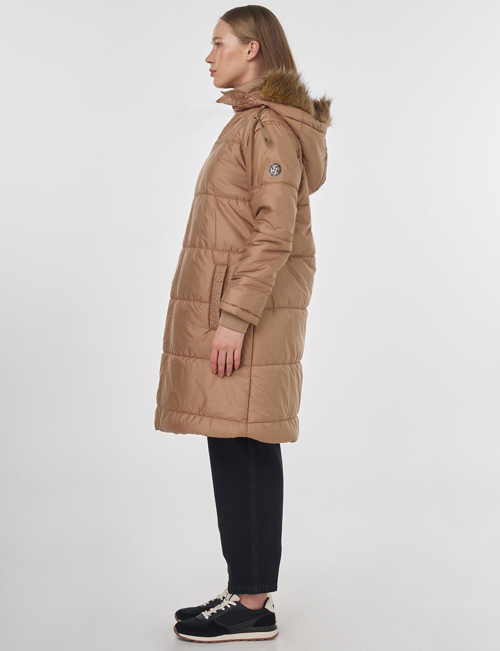 Quilted Anorak Coat with Faux Fur Detail Beige