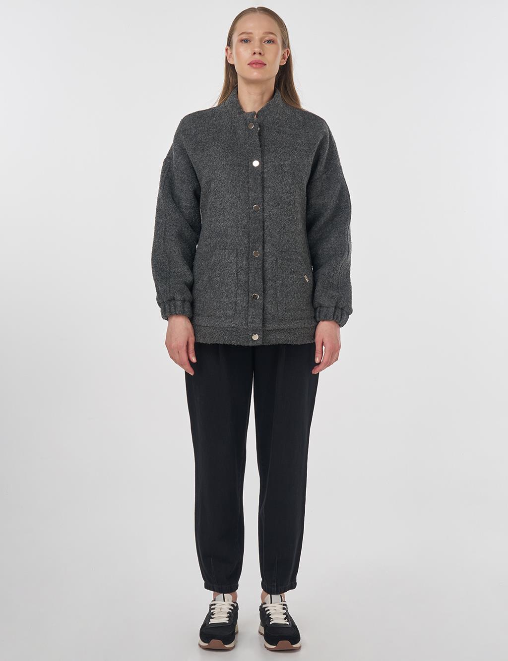 Snap Button Bomber Jacket Charcoal