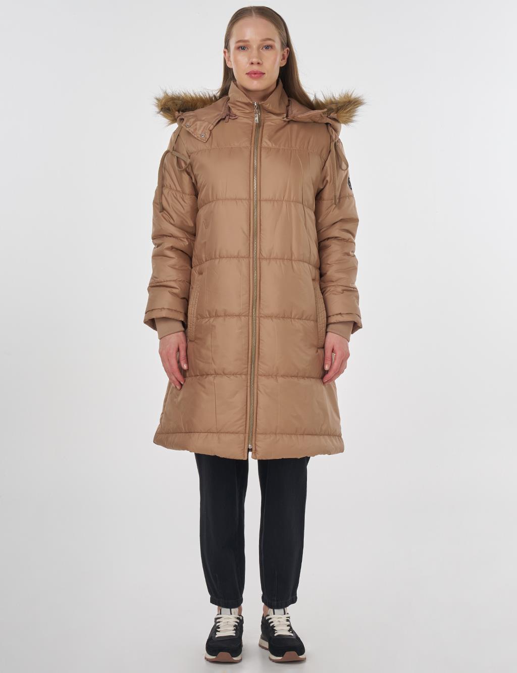 Quilted Anorak Coat with Faux Fur Detail Beige