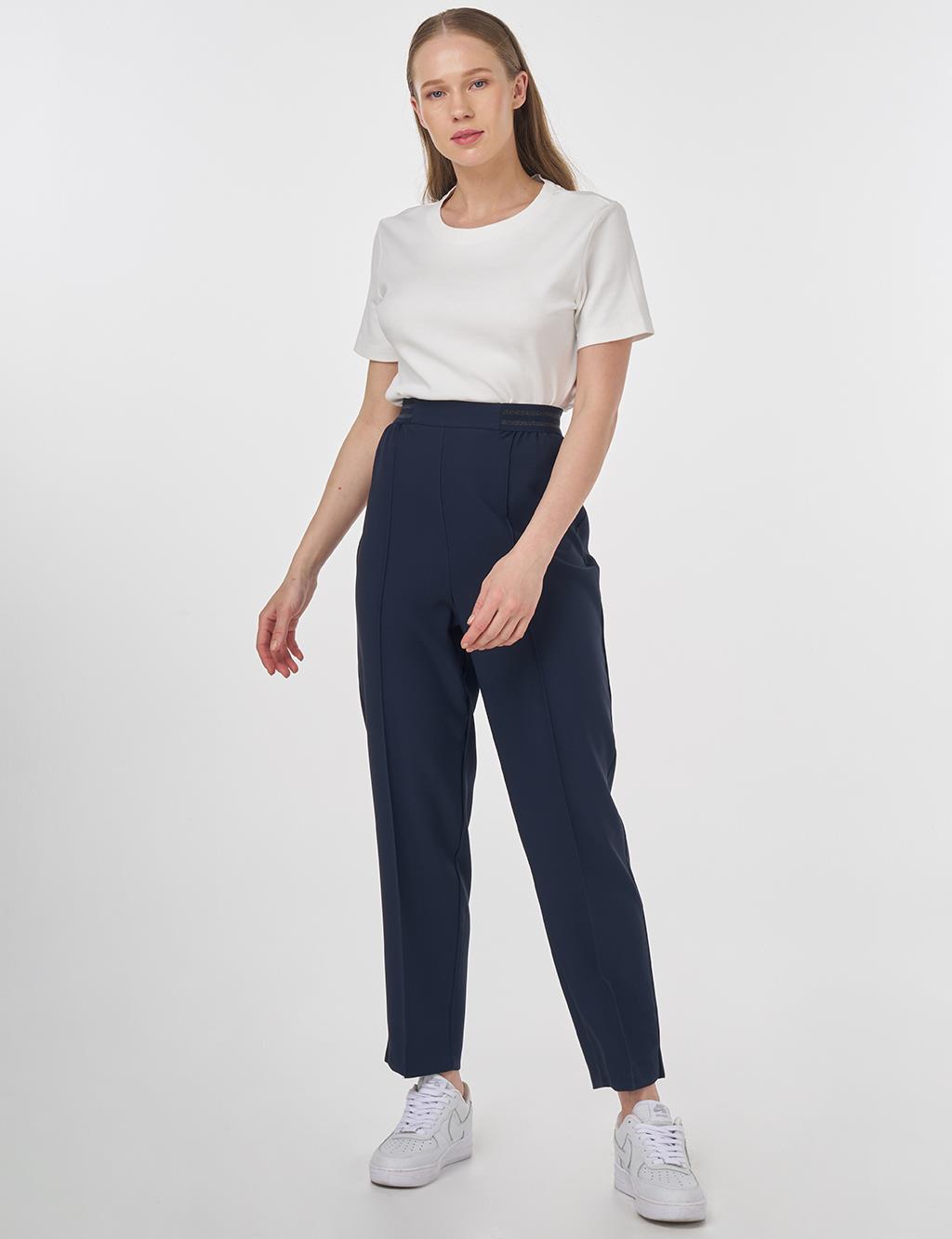 High-Waist Pants with Topstitched Seams – Dark Navy 