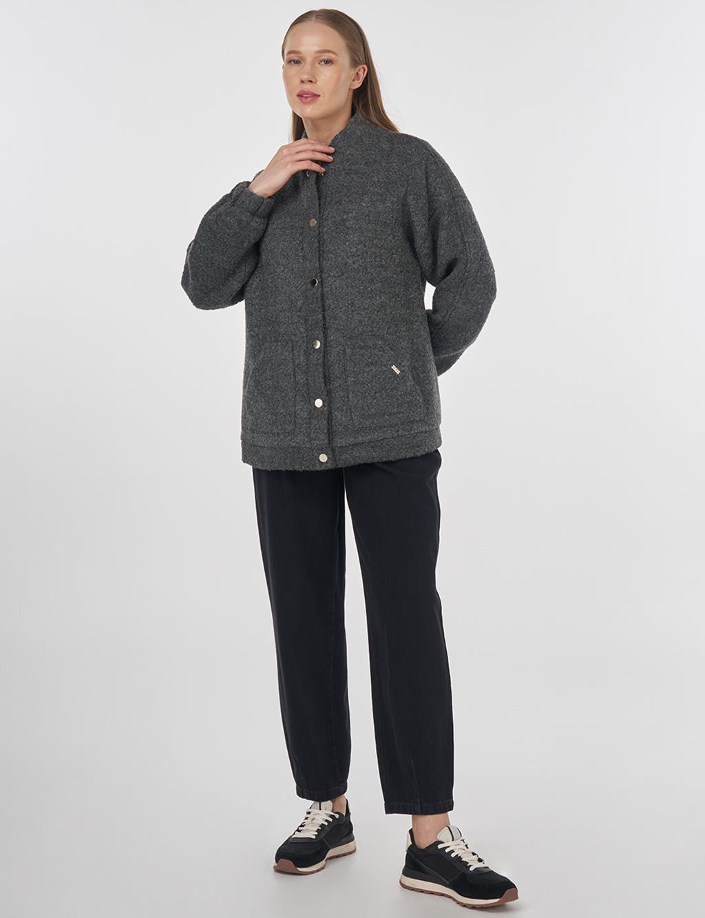 Snap Button Bomber Jacket Charcoal