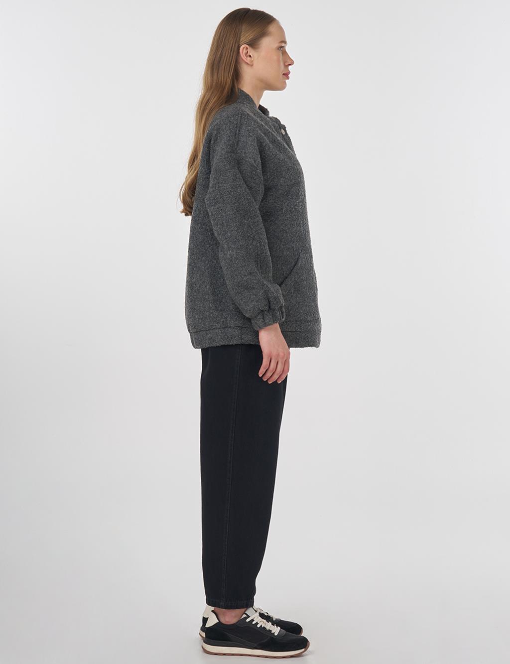 Snap Button Bomber Jacket Charcoal