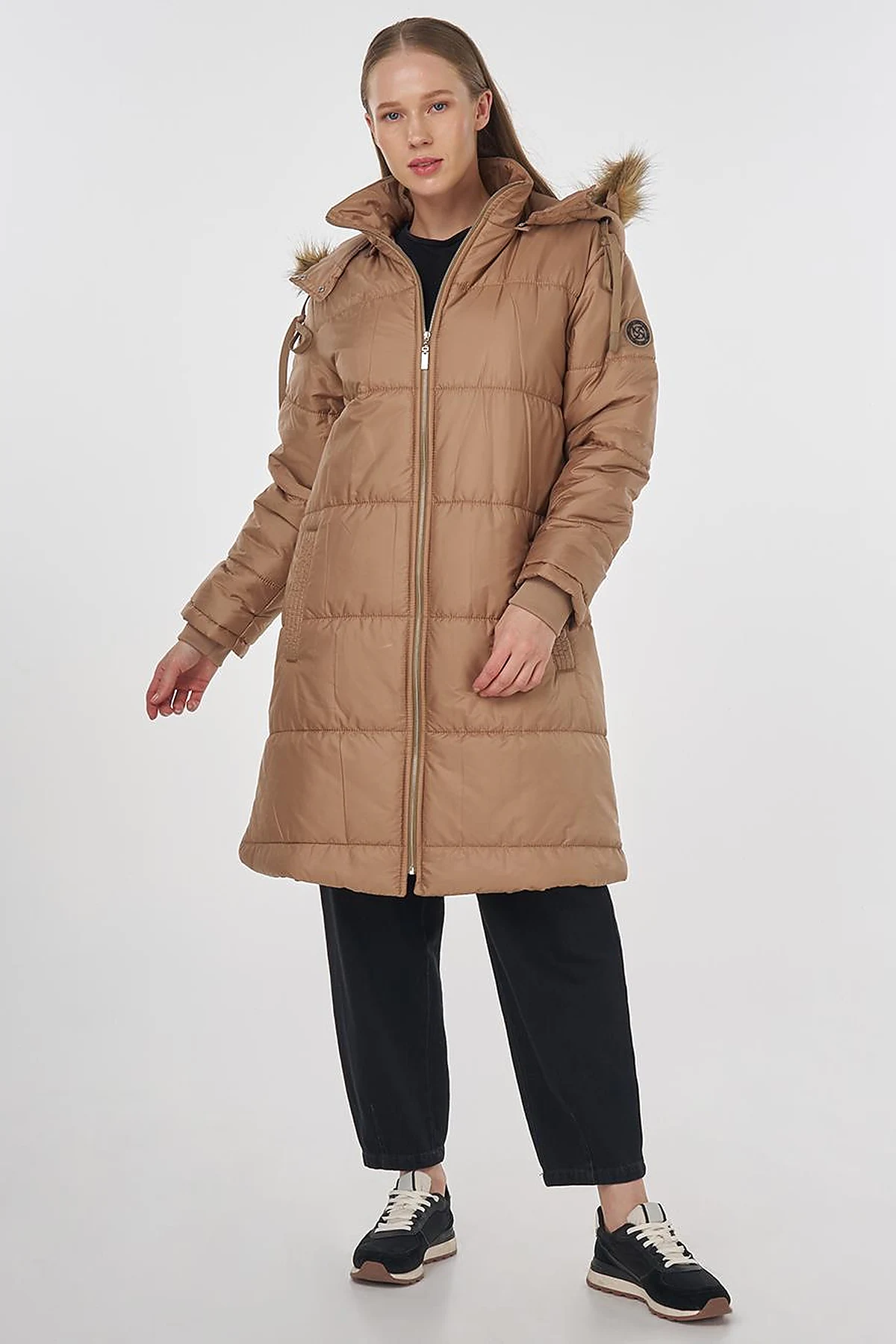 Quilted Anorak Coat with Faux Fur Detail Beige