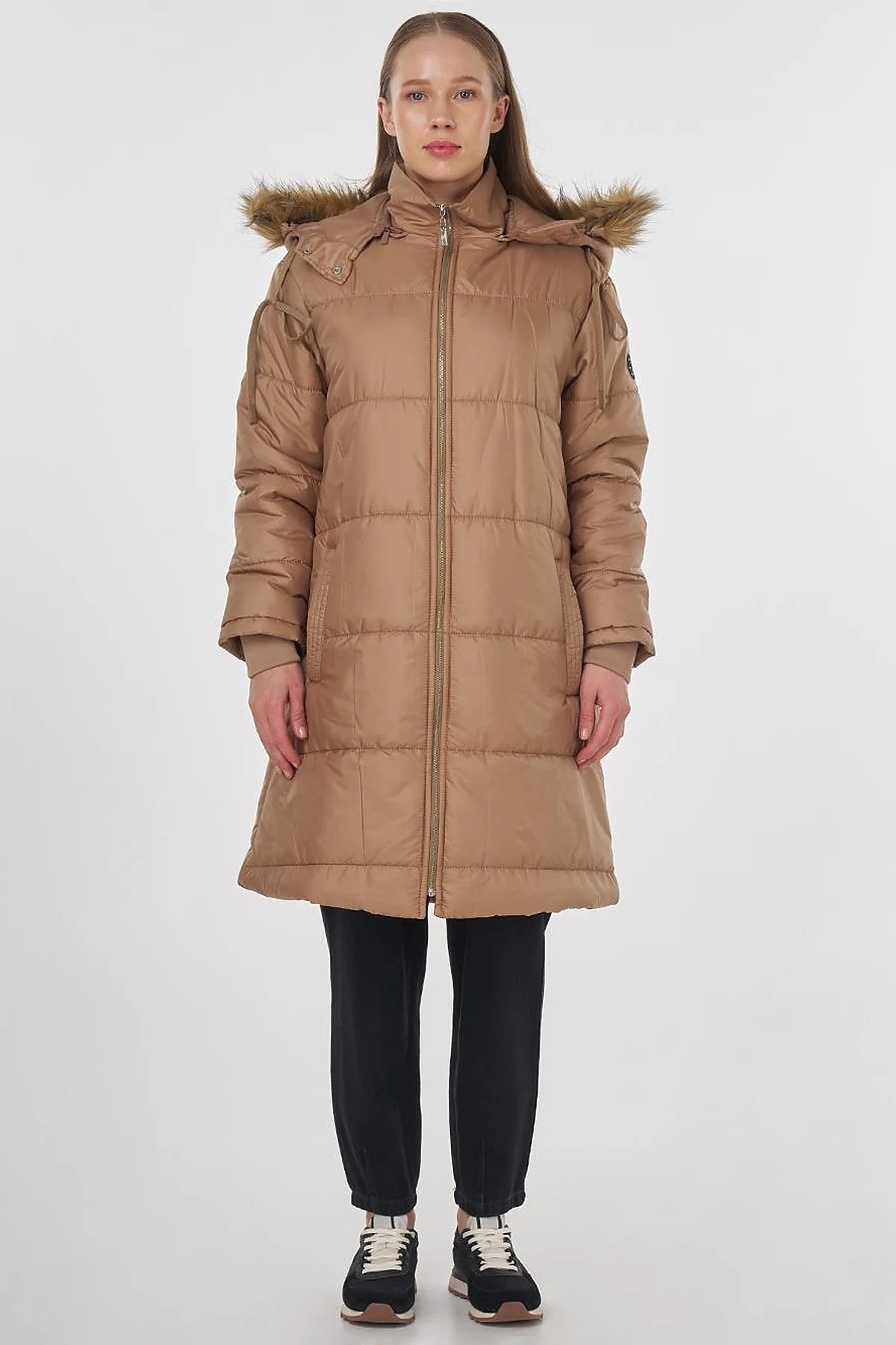 Quilted Anorak Coat with Faux Fur Detail Beige