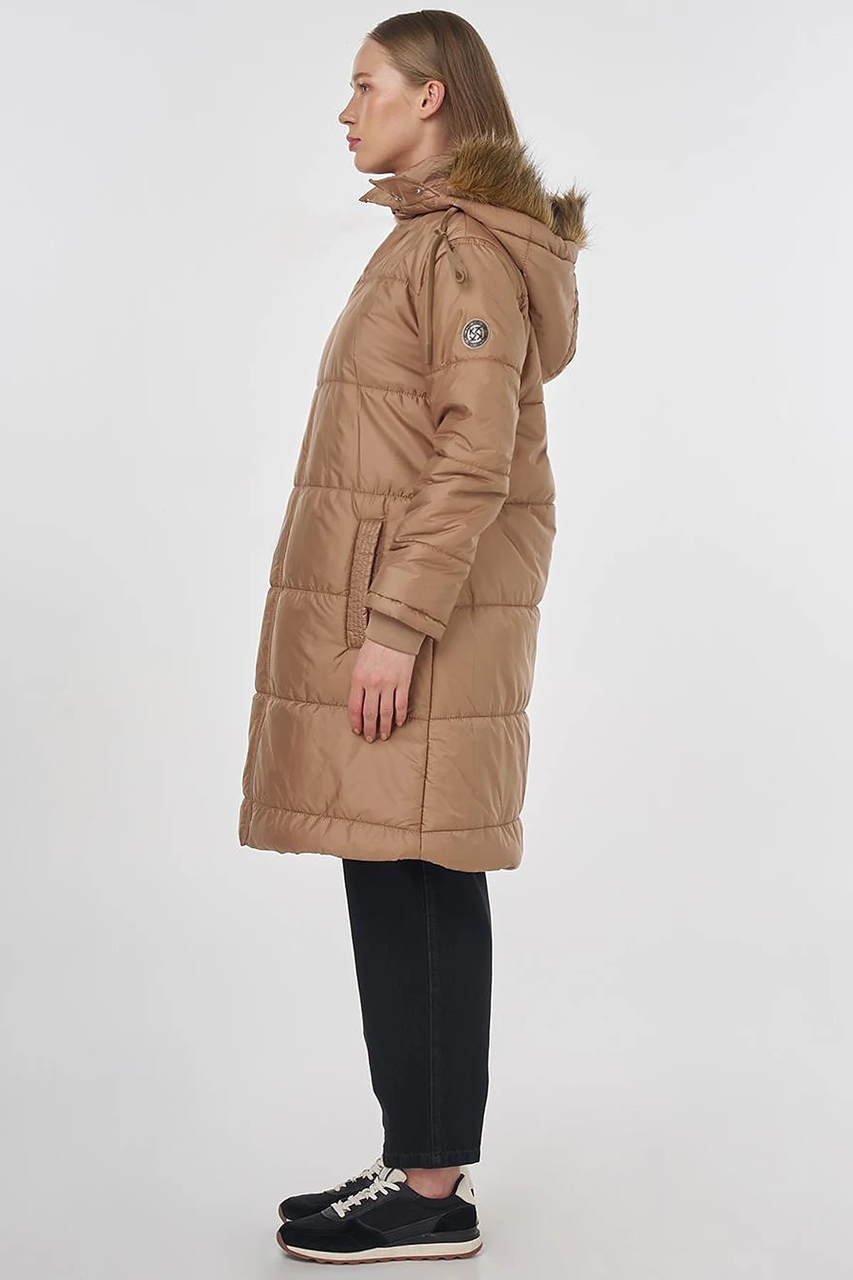 Quilted Anorak Coat with Faux Fur Detail Beige
