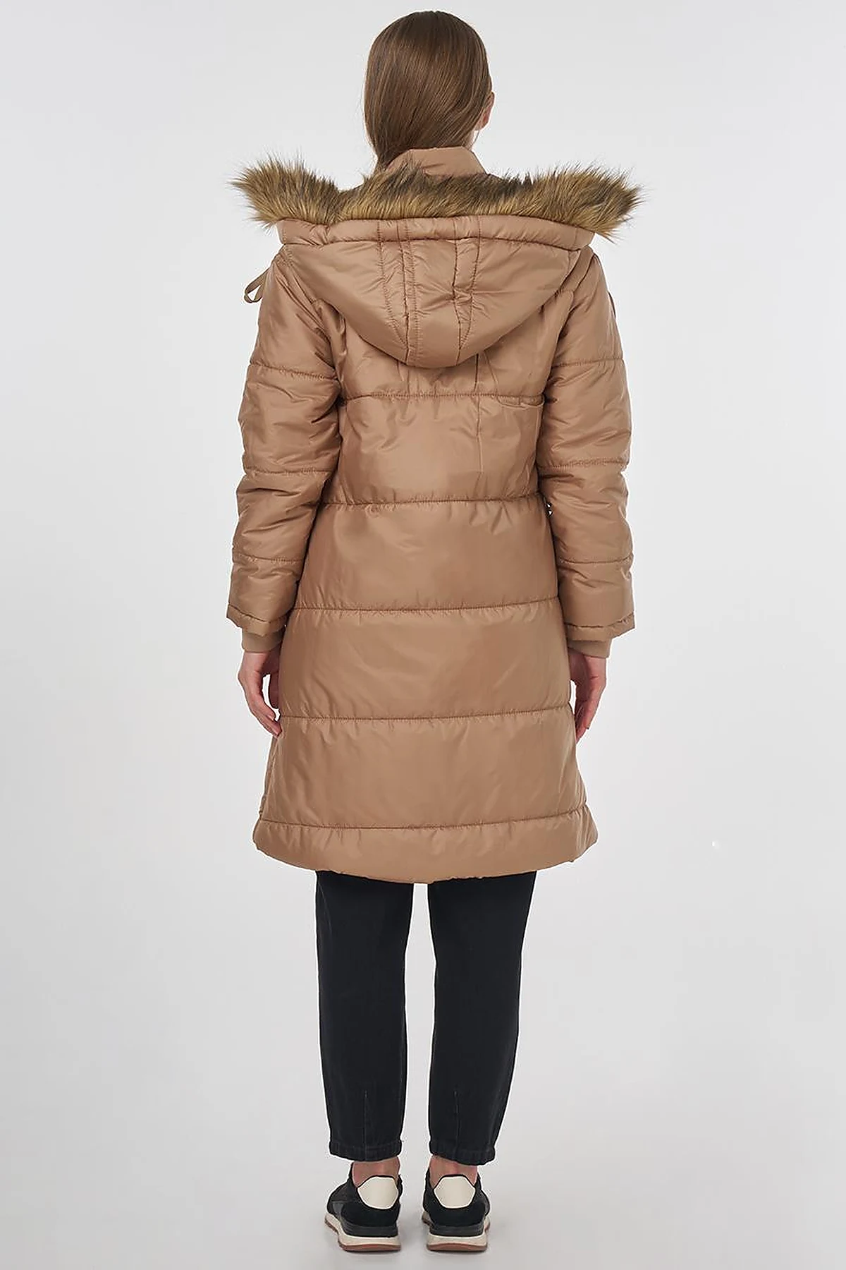 Quilted Anorak Coat with Faux Fur Detail Beige