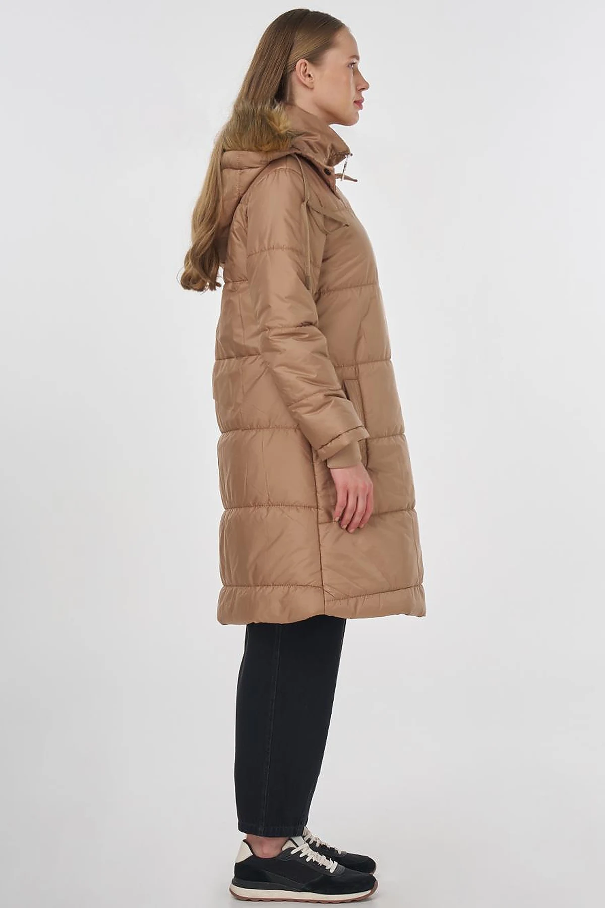 Quilted Anorak Coat with Faux Fur Detail Beige