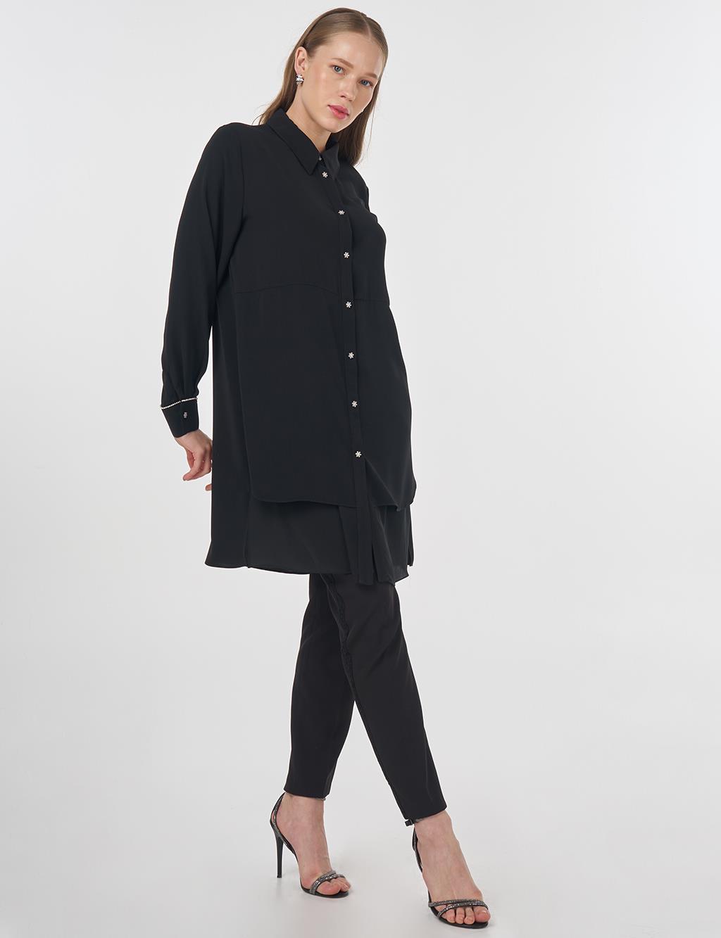 Chiffon Panel Embroidered Tunic Black