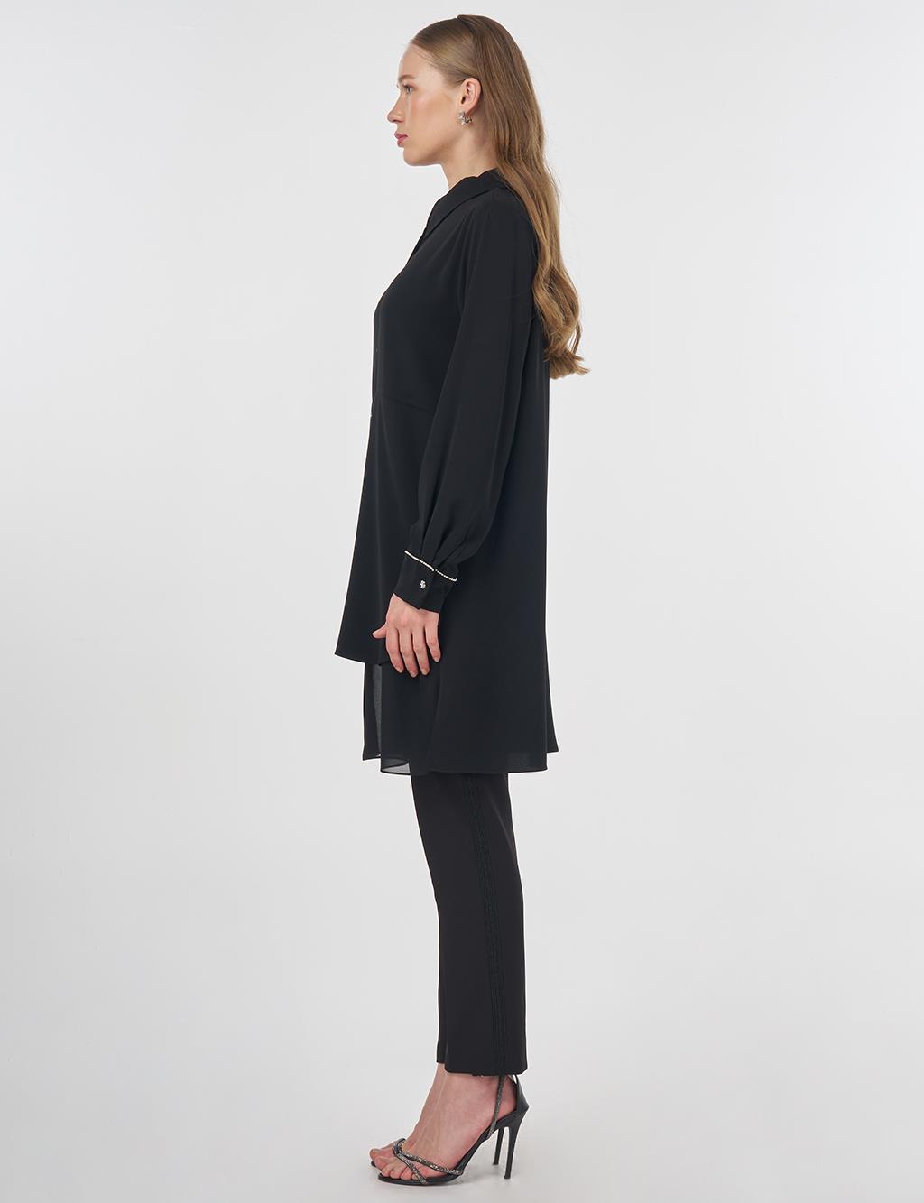 Chiffon Panel Embroidered Tunic Black