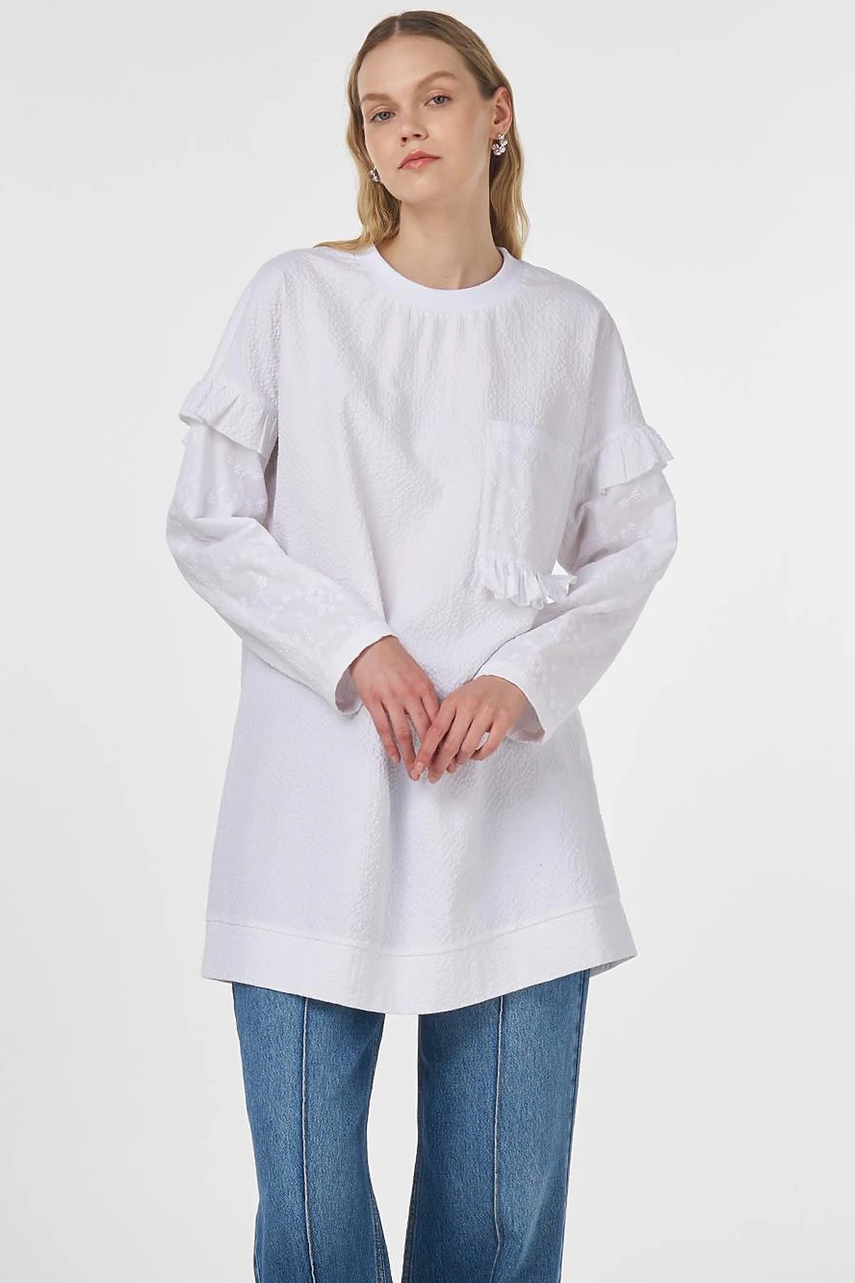 Ruffled Crinkled Sweatshirt Optical White