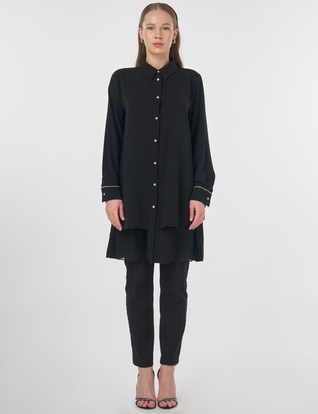 Chiffon Panel Embroidered Tunic Black
