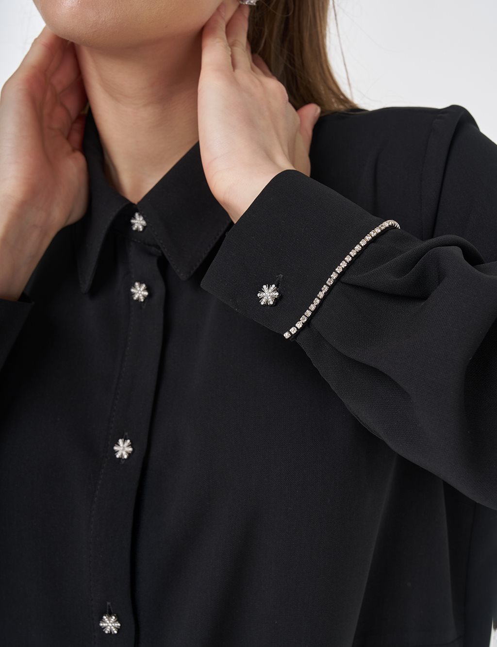 Chiffon Panel Embroidered Tunic Black
