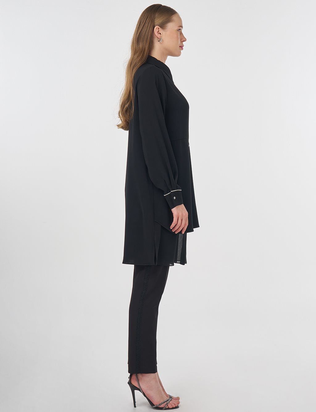 Chiffon Panel Embroidered Tunic Black