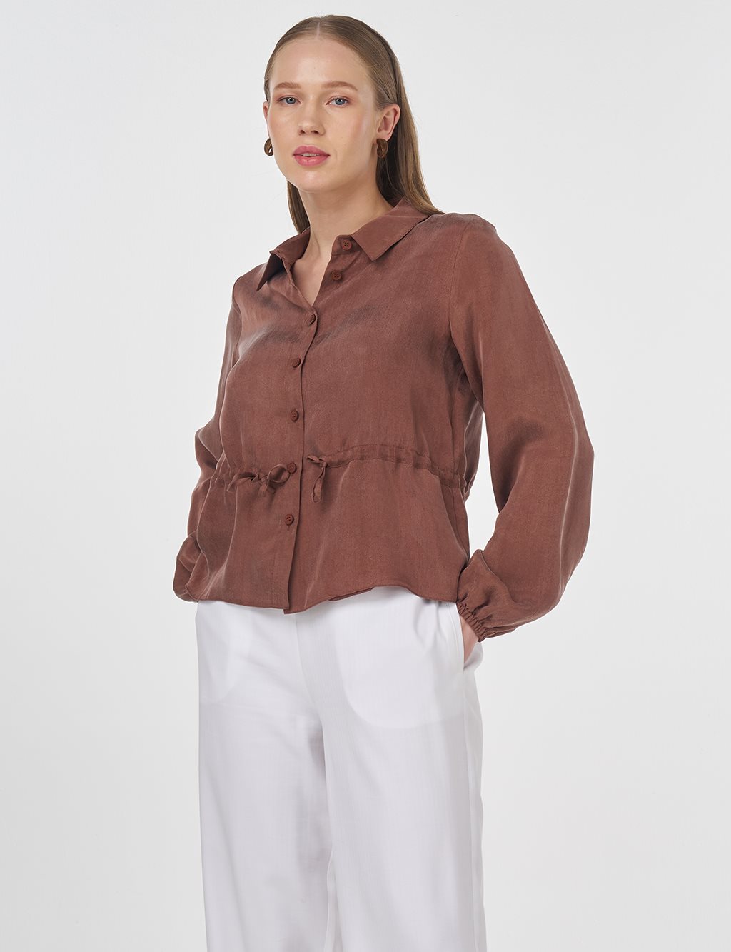 Drawstring Waist Lyocell Blouse Brown 