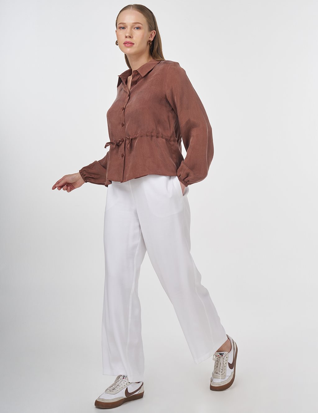 Drawstring Waist Lyocell Blouse Brown 
