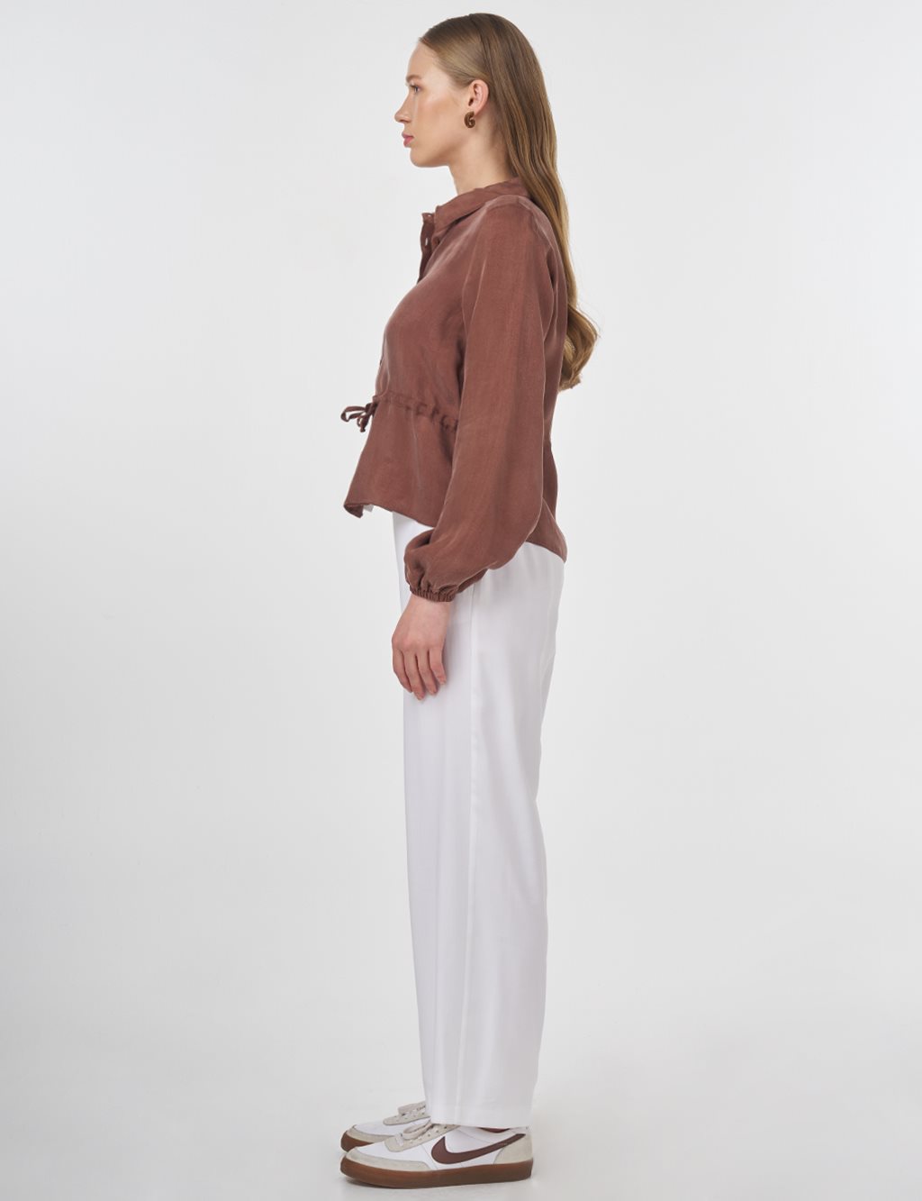 Drawstring Waist Lyocell Blouse Brown 
