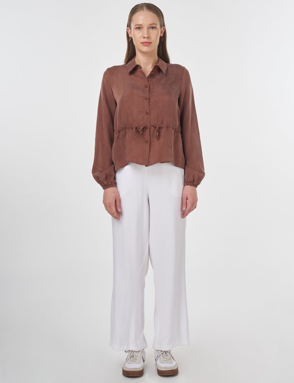 Drawstring Waist Lyocell Blouse Brown 