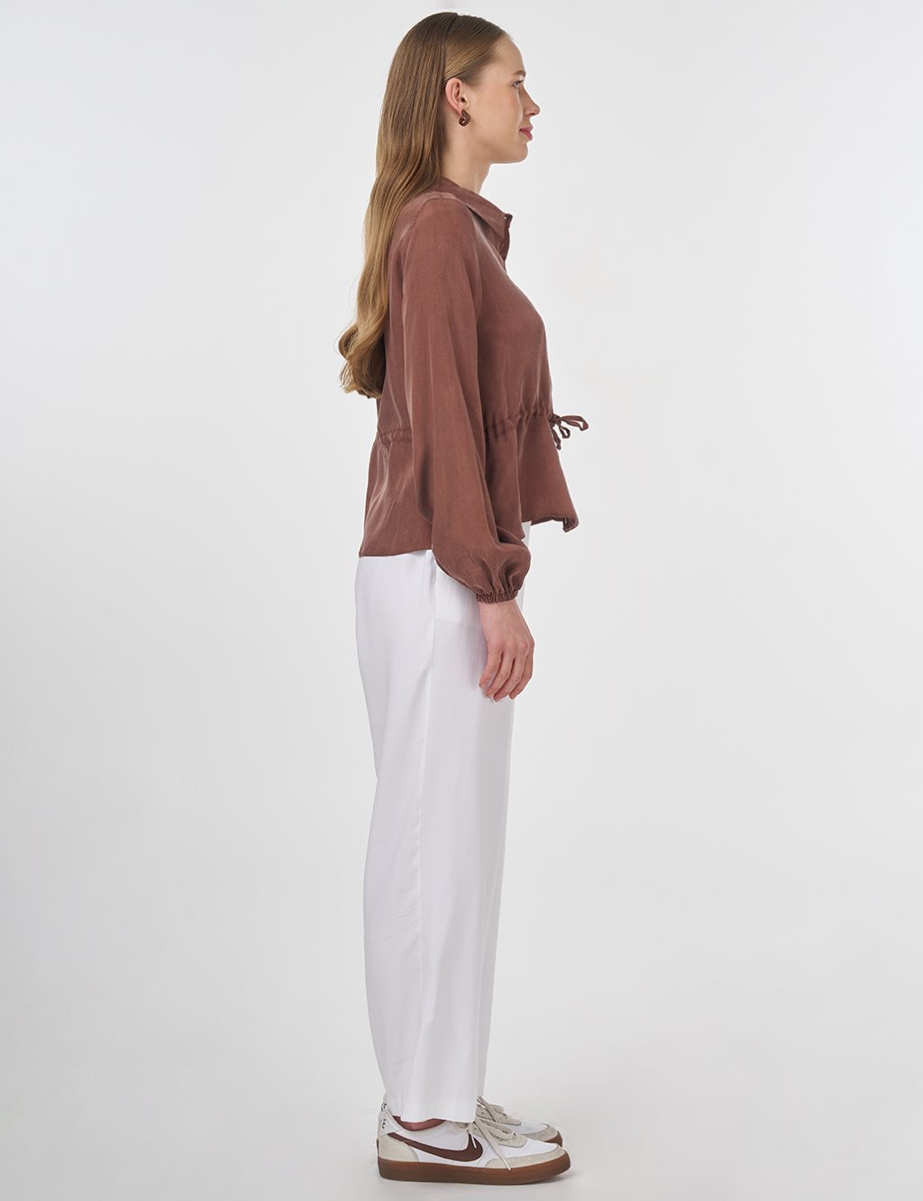 Drawstring Waist Lyocell Blouse Brown 