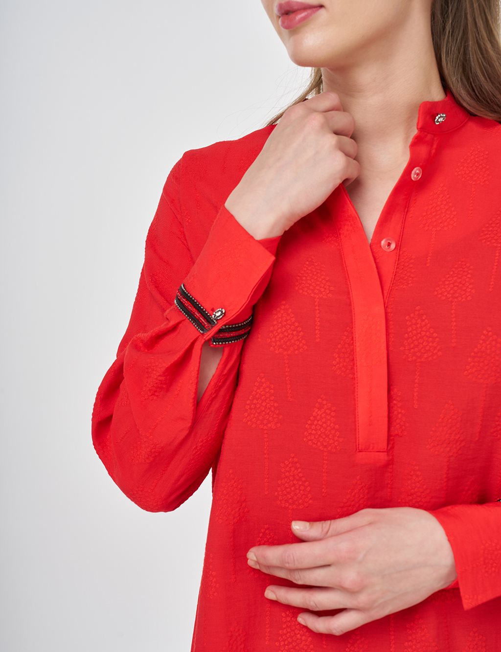 Mandarin Collar Long Viscose Tunic Red 