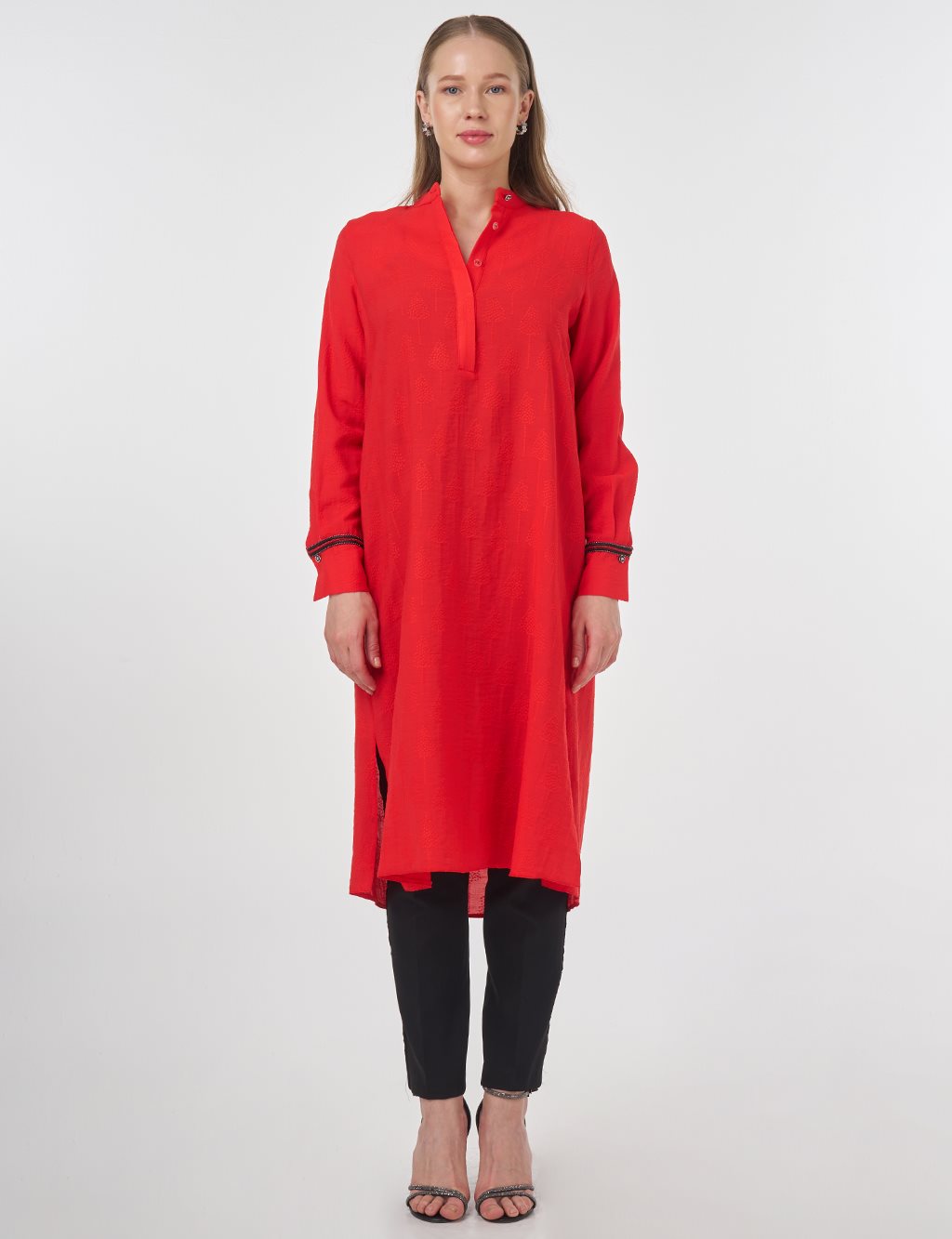 Mandarin Collar Long Viscose Tunic Red 