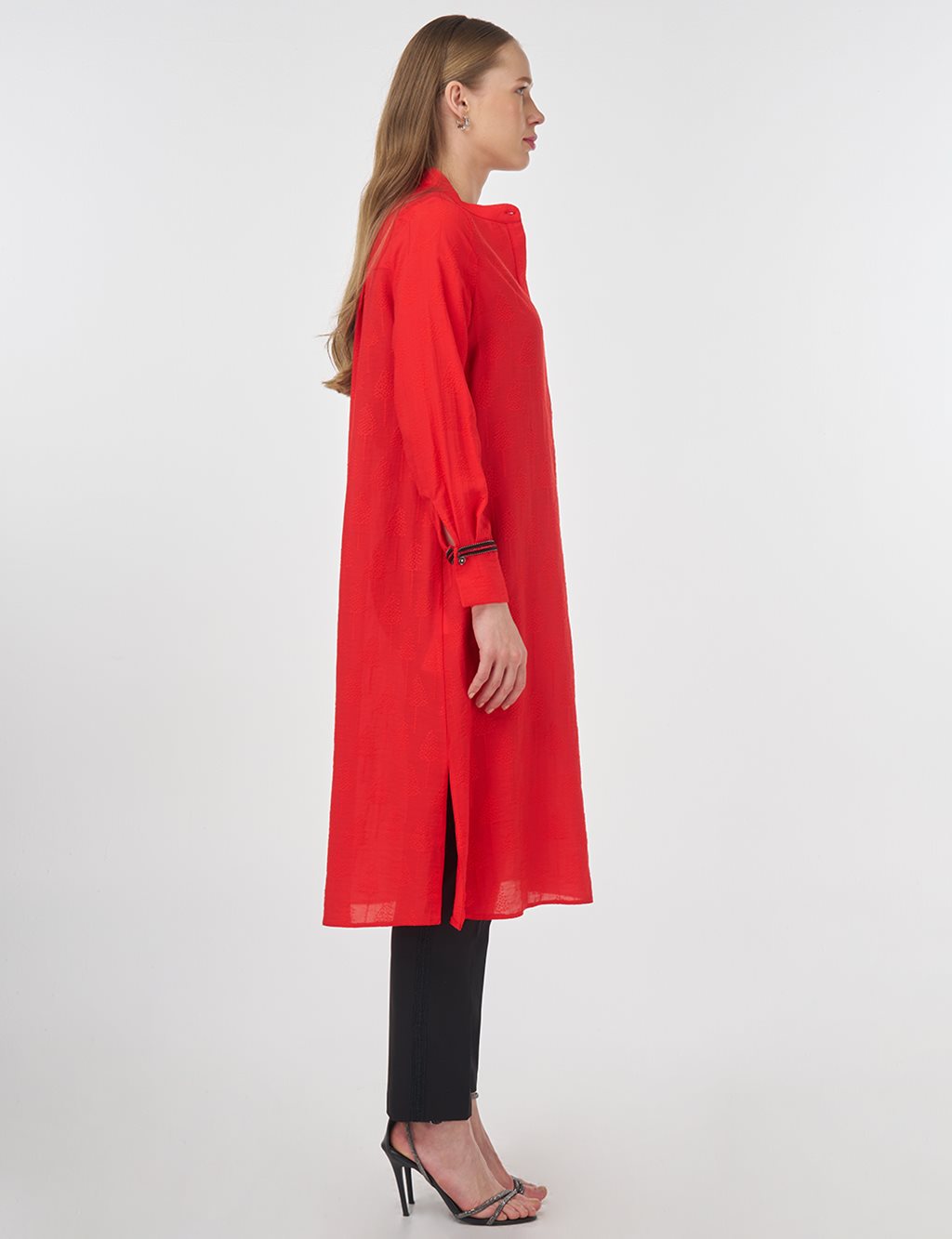 Mandarin Collar Long Viscose Tunic Red 