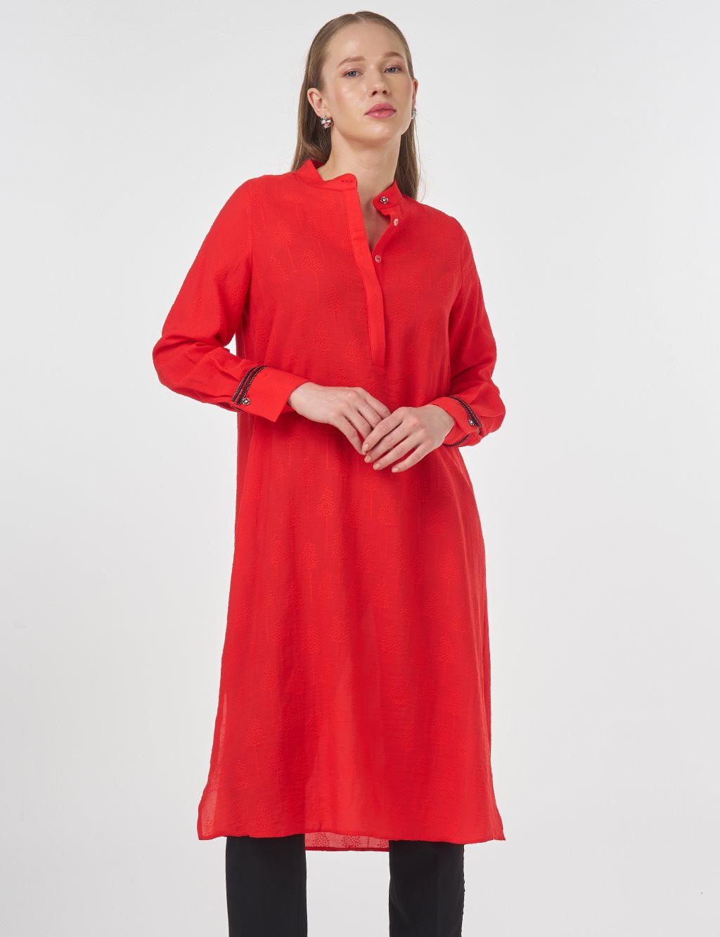 Mandarin Collar Long Viscose Tunic Red 