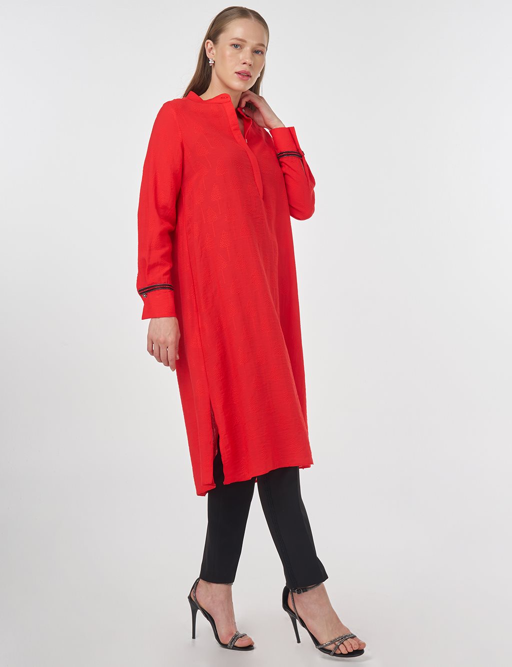 Mandarin Collar Long Viscose Tunic Red 