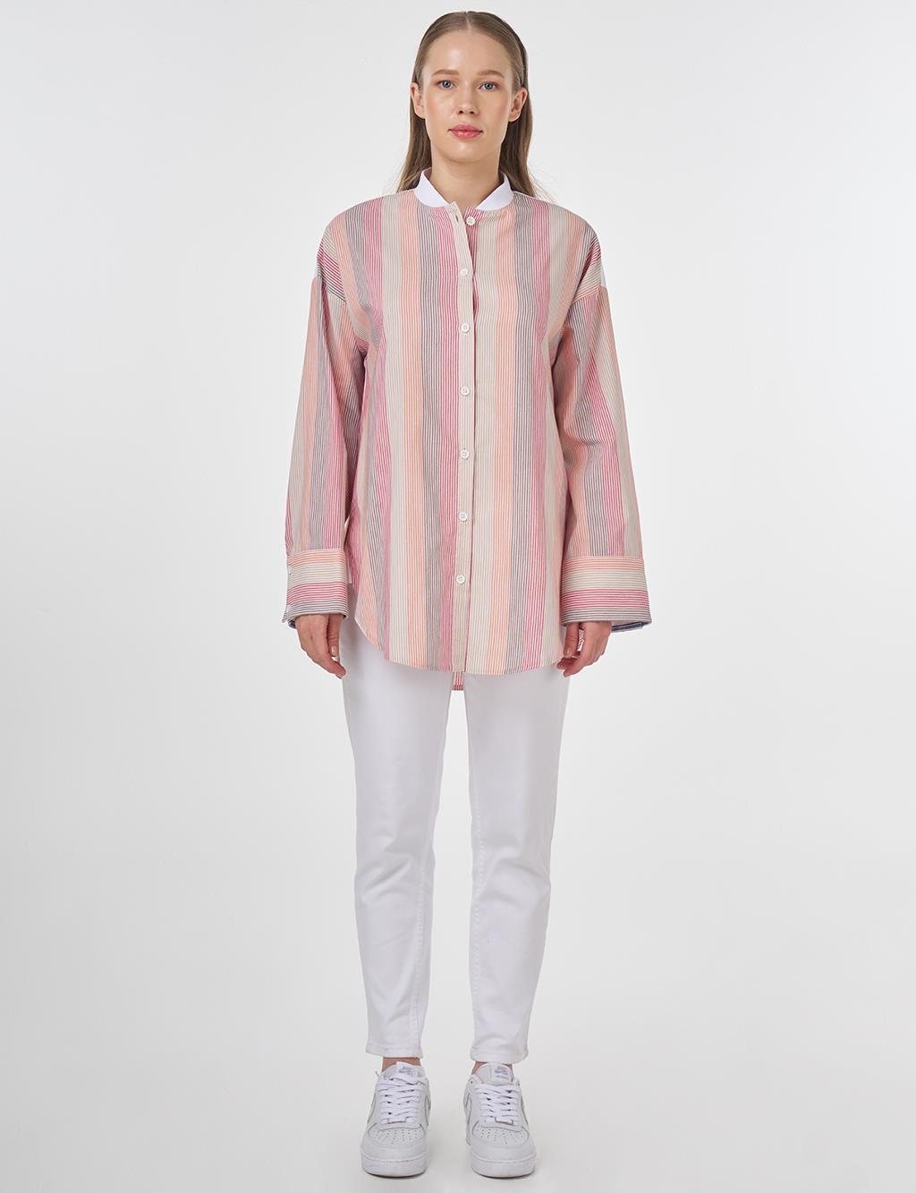 Striped Tunic with Wide Cuffs Terracotta