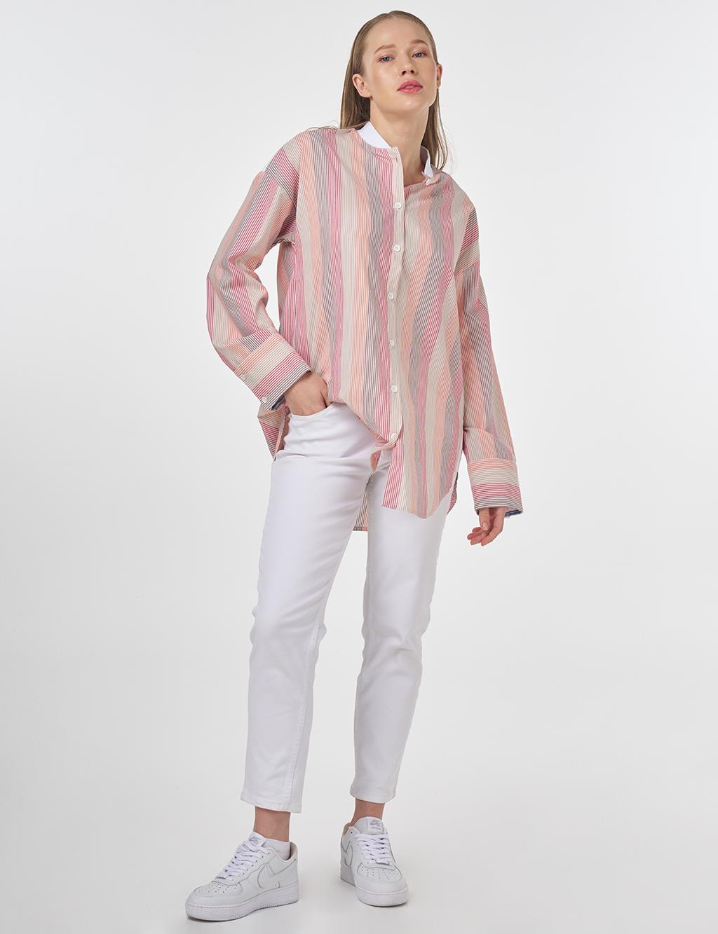 Striped Tunic with Wide Cuffs Terracotta