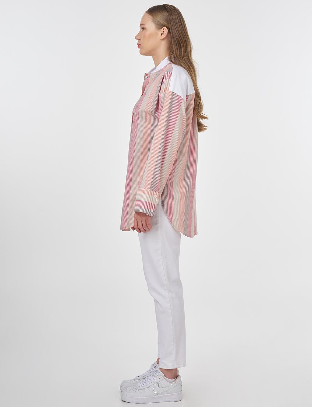 Striped Tunic with Wide Cuffs Terracotta