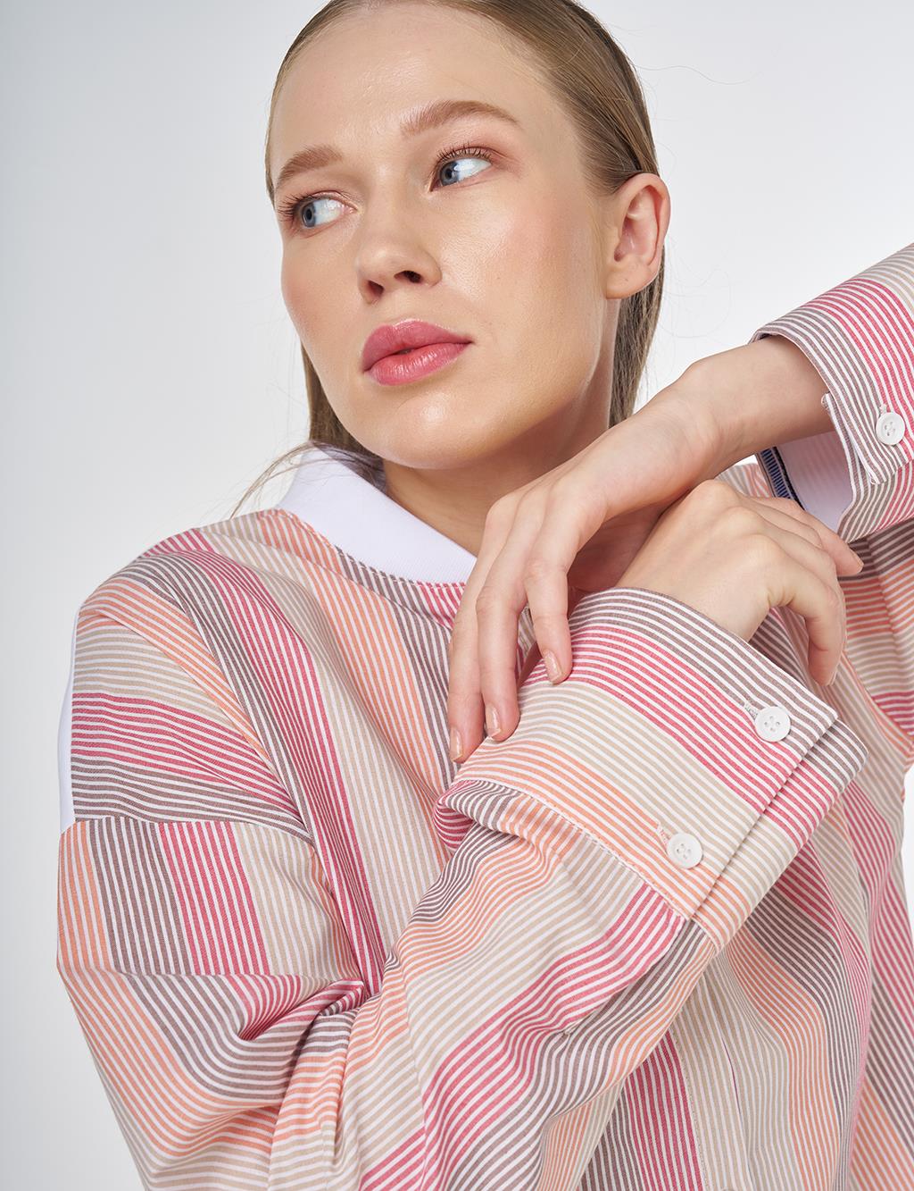 Striped Tunic with Wide Cuffs Terracotta