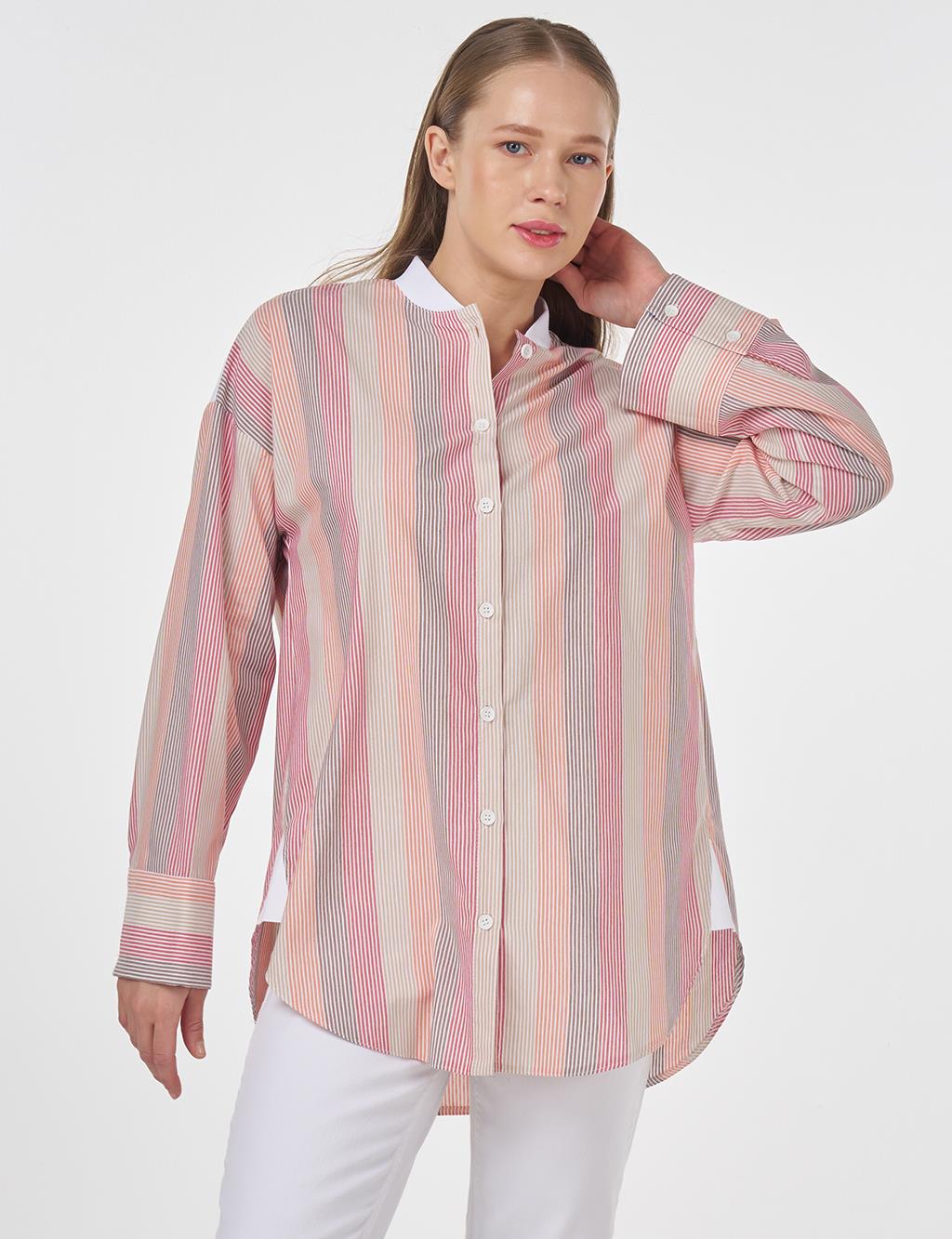 Striped Tunic with Wide Cuffs Terracotta