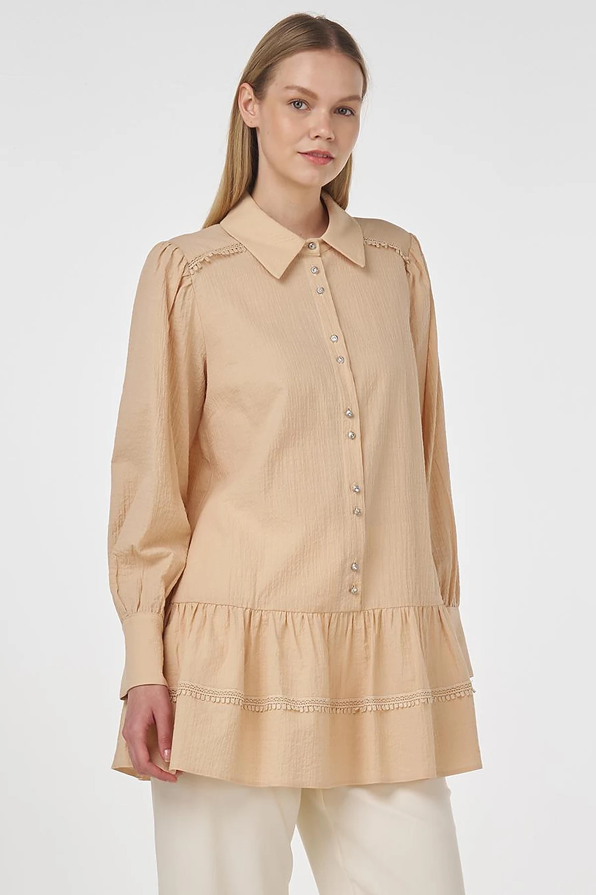 Textured Tunic with Stripe Details Beige