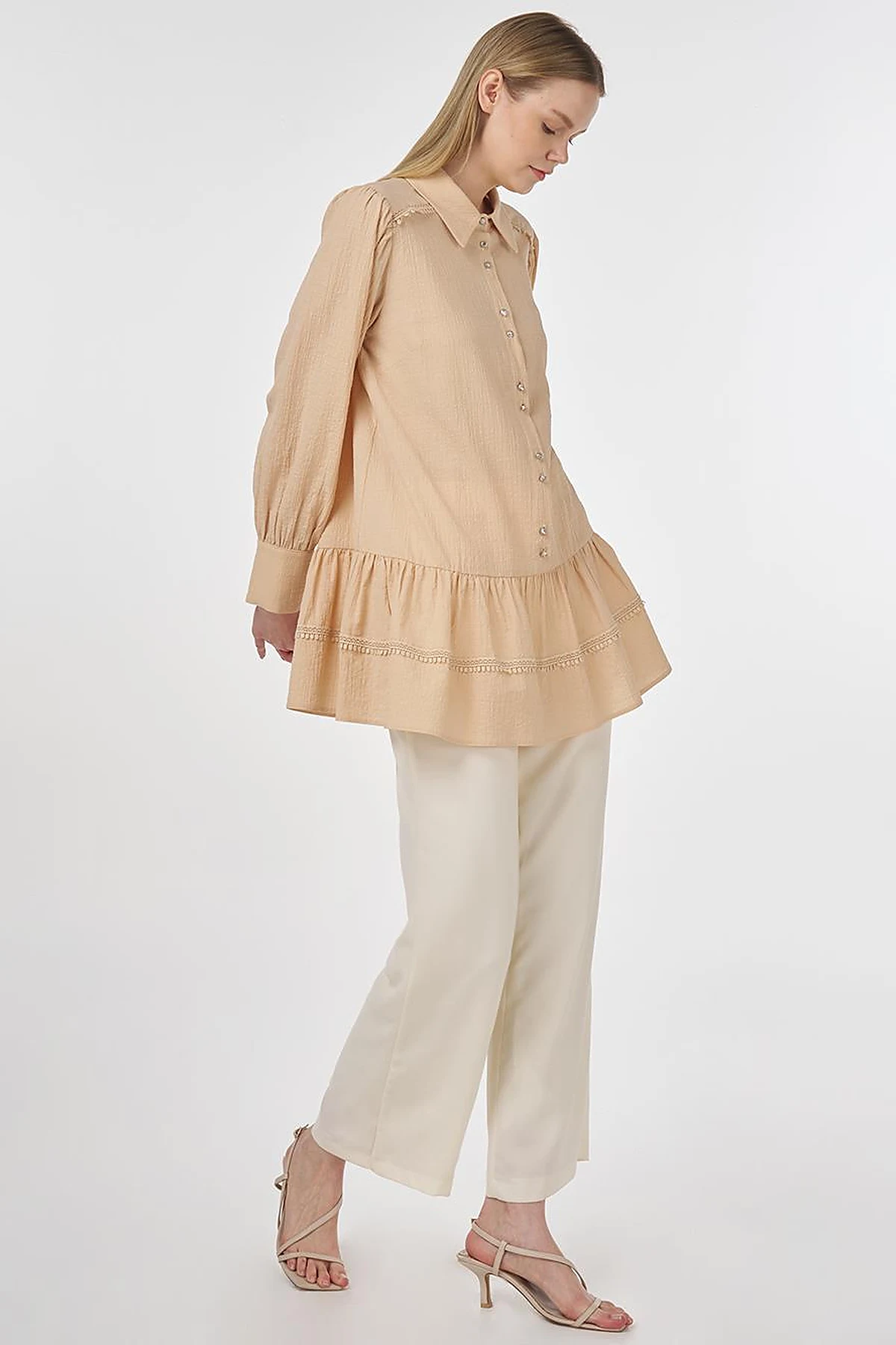 Textured Tunic with Stripe Details Beige