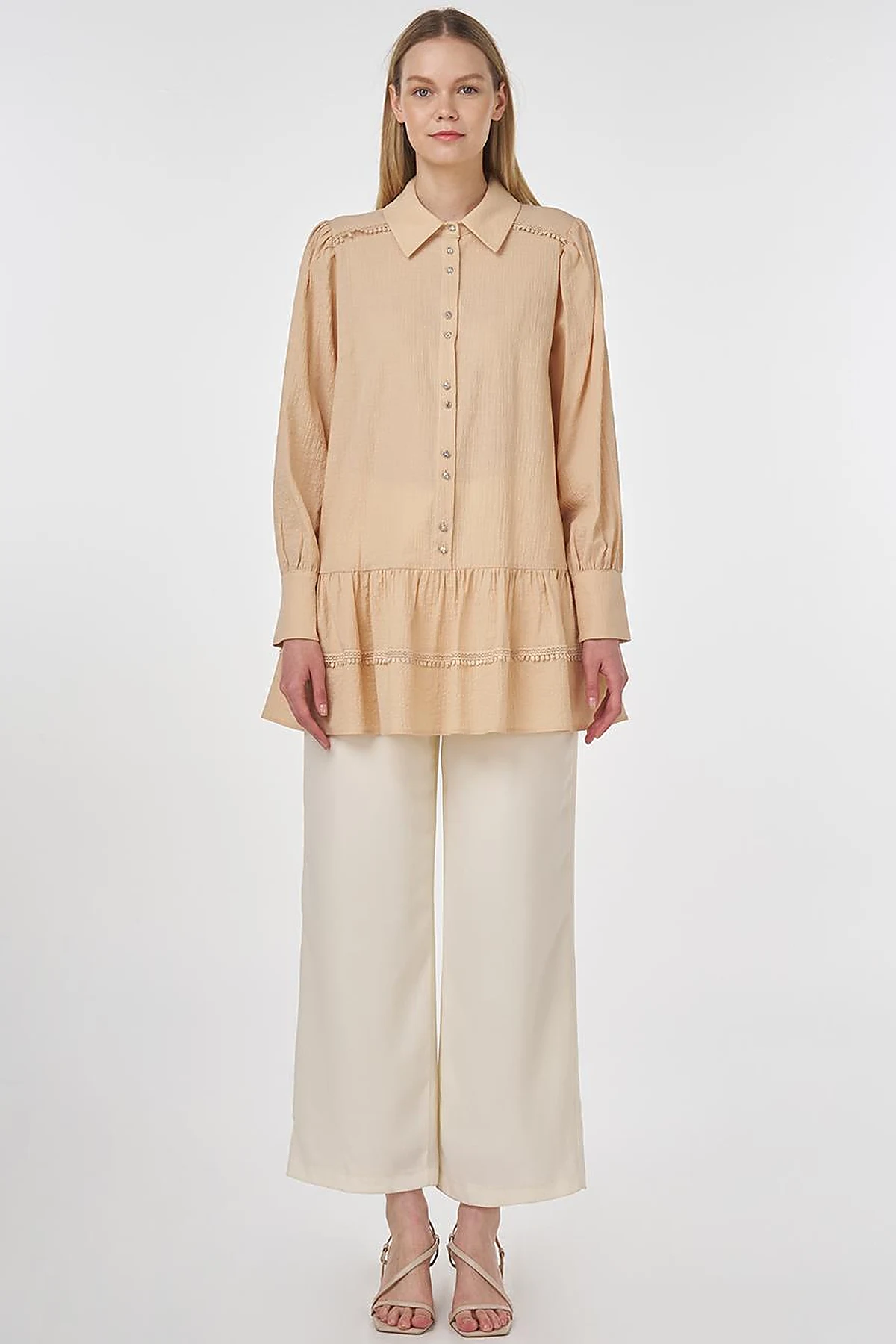 Textured Tunic with Stripe Details Beige