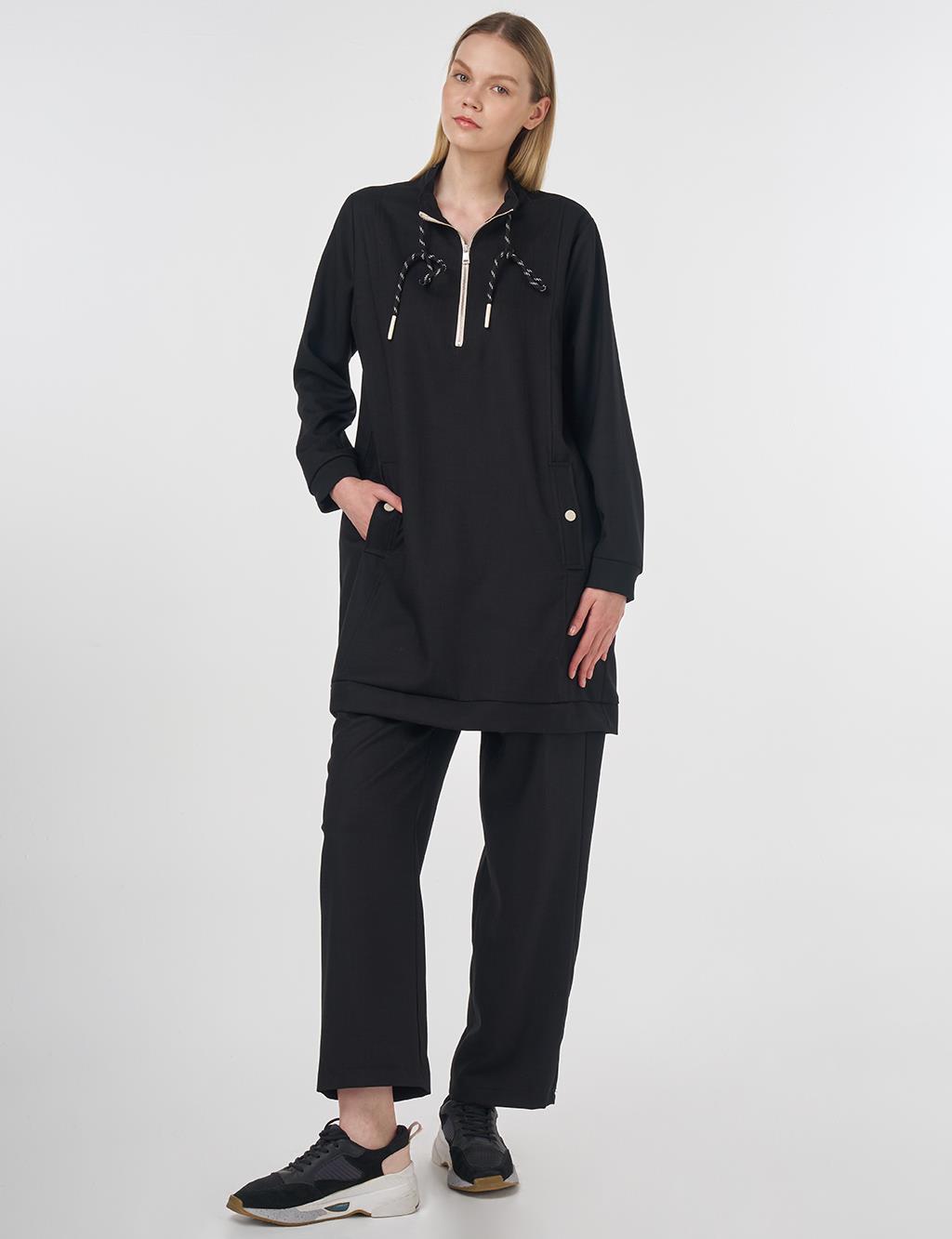 Zip-Closure Viscose Two-Piece Set Black 