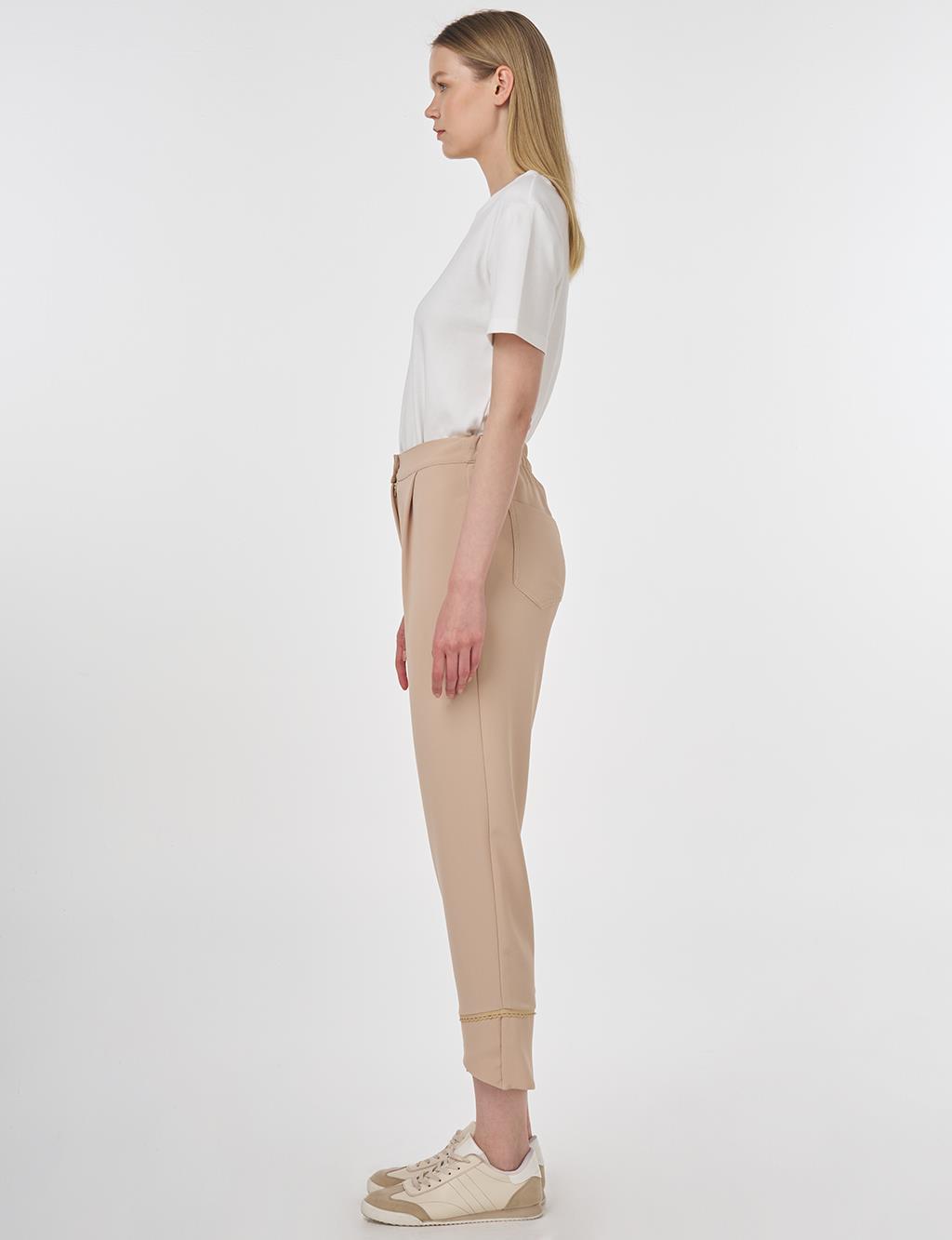 Stitch Detail Crepe Pants Beige