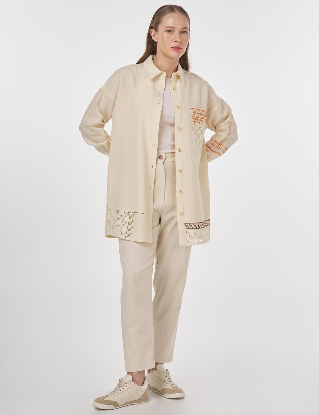 Etamin Embroidered Cotton Linen Tunic Cream