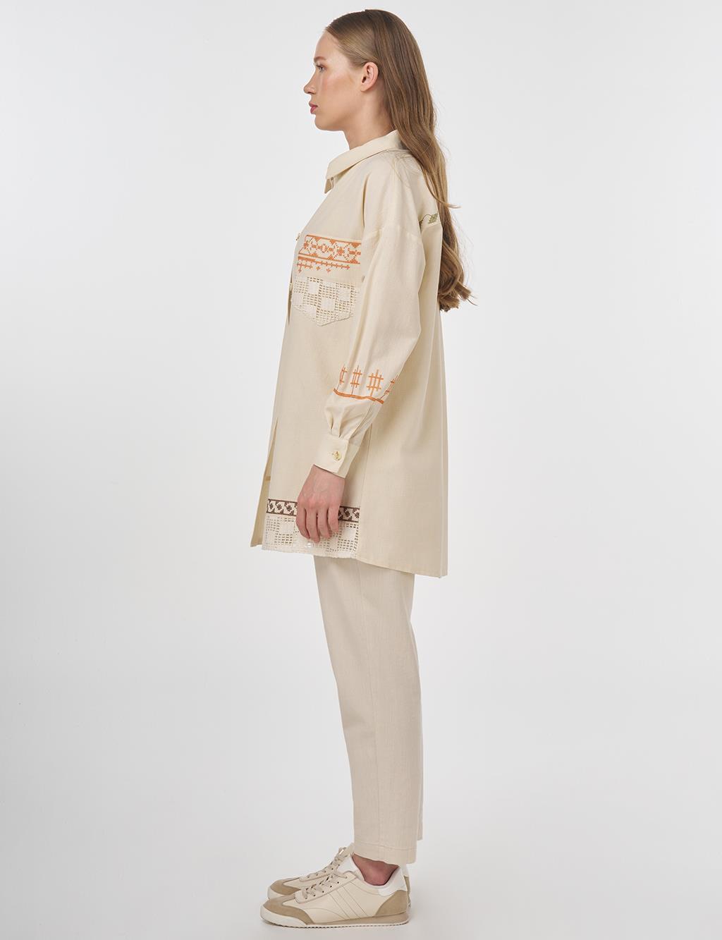 Etamin Embroidered Cotton Linen Tunic Cream