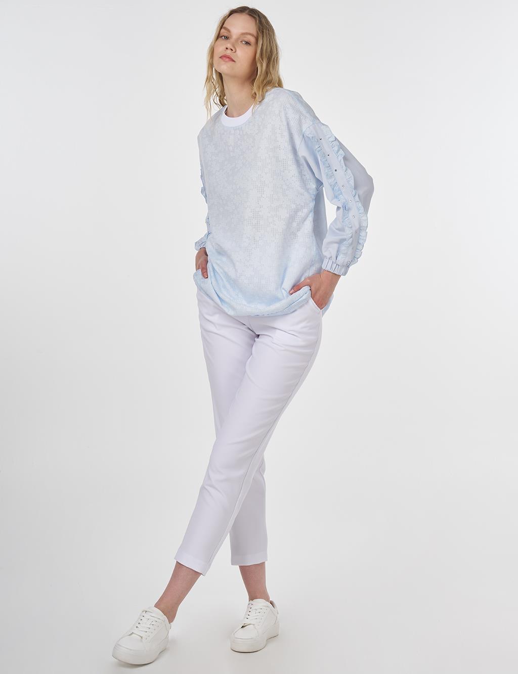Floral Printed Ruffled Sweatshirt Blue 
